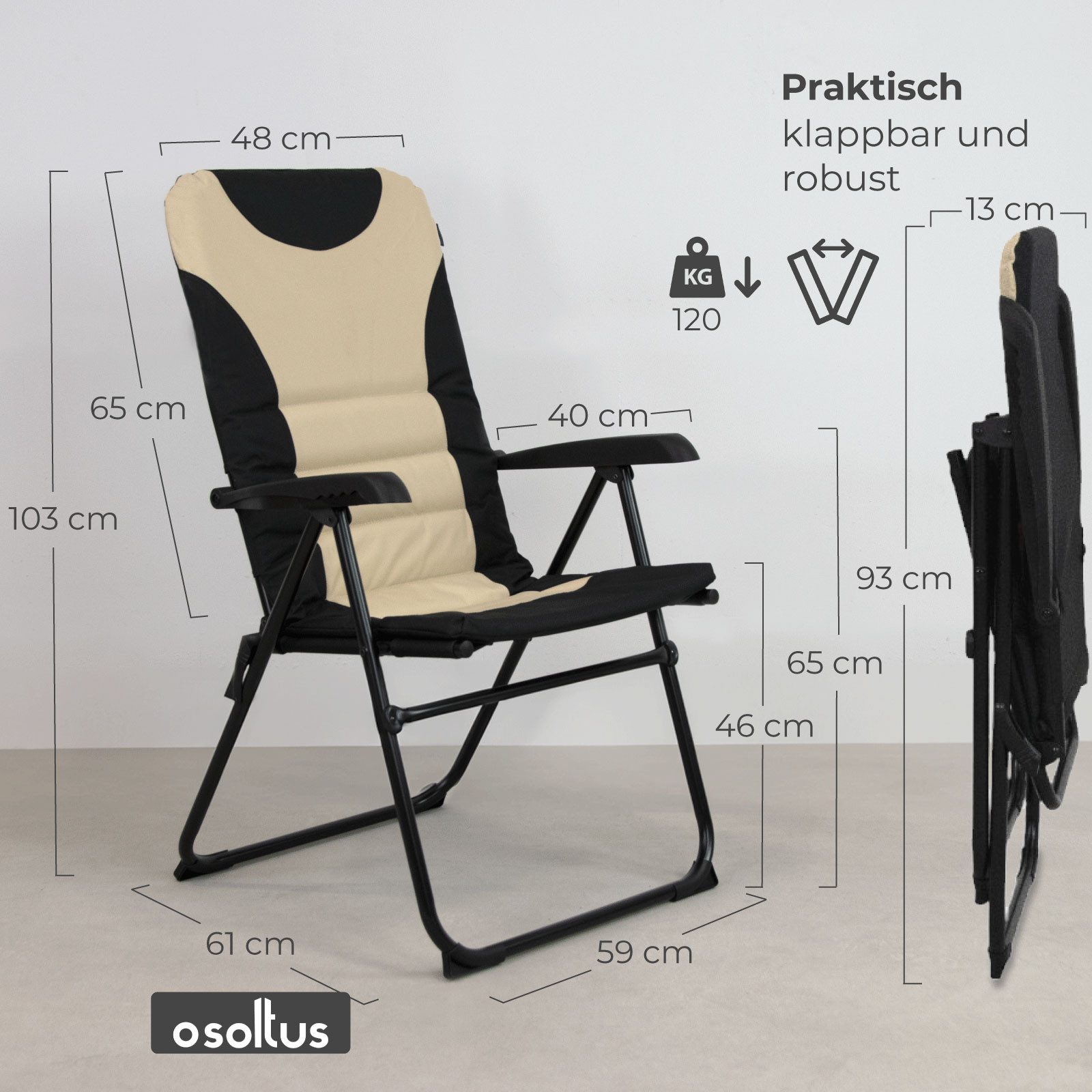 osoltus Campingstuhl osoltus Alu Camping Klappsessel Hochlehner MPO Van schwarz / beige