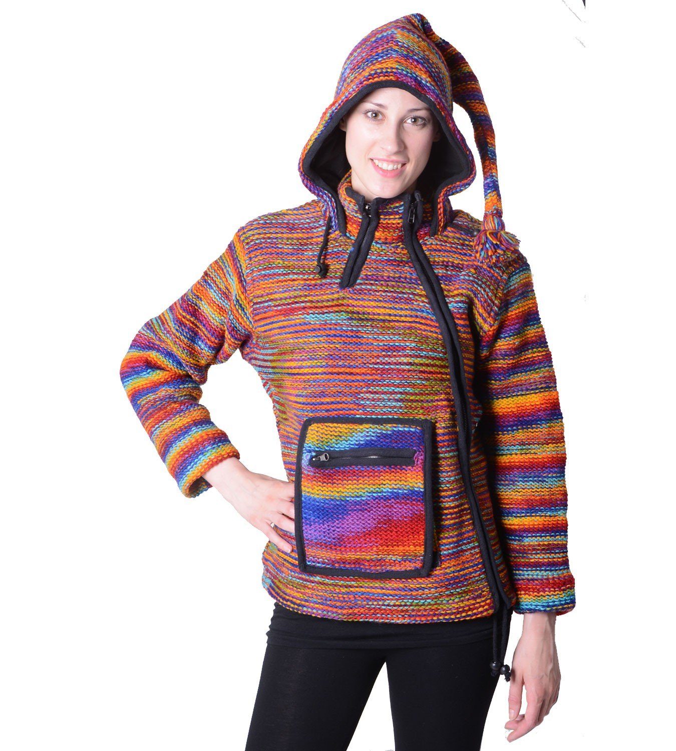 KUNST UND MAGIE Kapuzenstrickjacke Damen Wolljacke Hippie Goa Strickjacke mit Zipfelkapuze Mehrfarbig