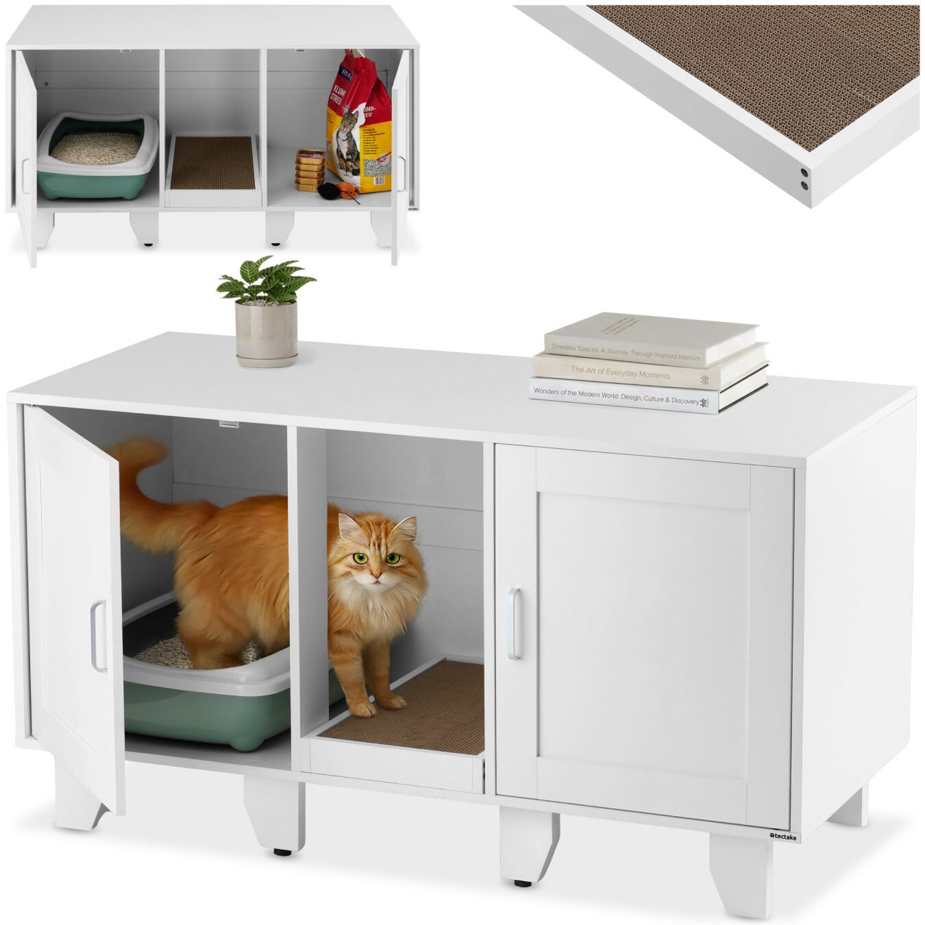 tectake Katzentoilette Katzenschrank Freya, versteckte Eingänge an den Innenseiten, inklusive Kratzmatte, 120 x 52 x 65 cm