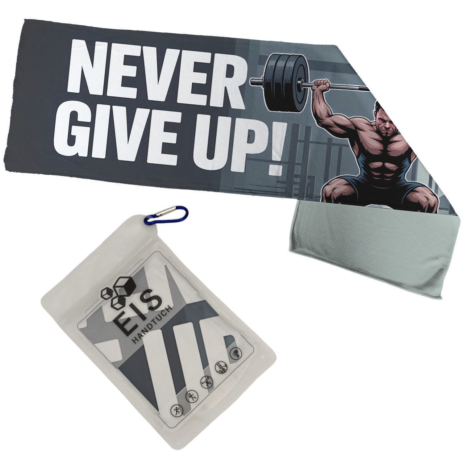 Sporthandtuch Never Give Up Eishandtuch für Fitnessfreaks