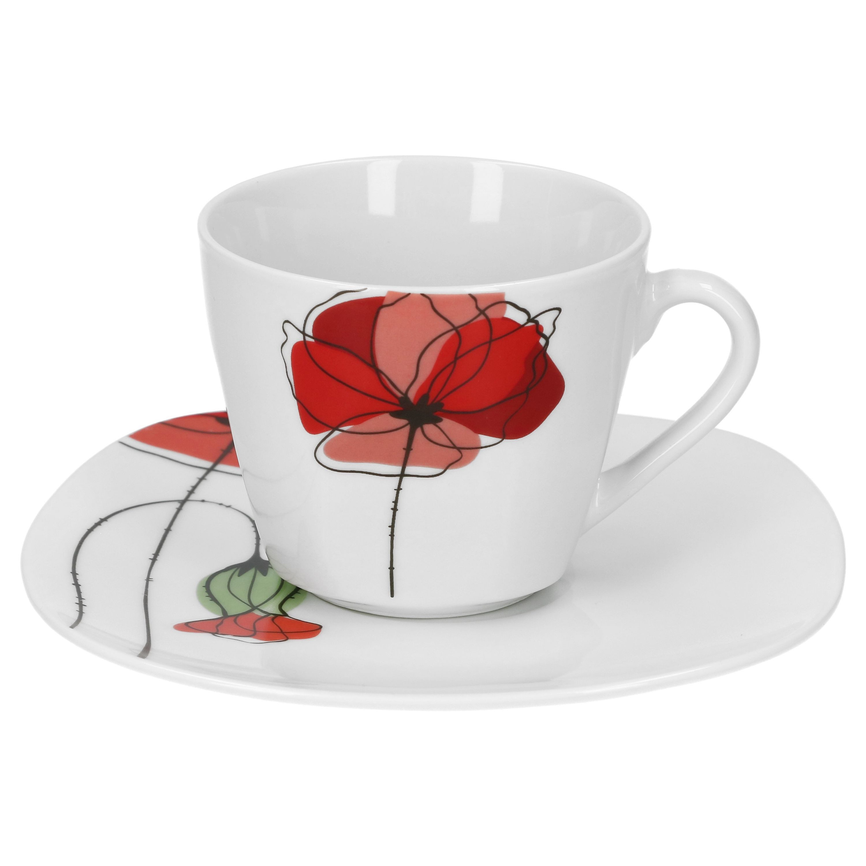 van Well Tasse 6er Kaffeetasse mit Kaffeeuntertasse Monika Porzellan Geschirr Mohn, Porzellan