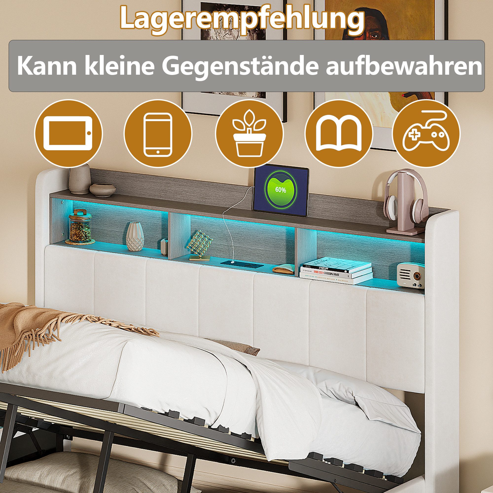 ADWOLT Polsterbett LED Hydraulisches Doppelbett mit USB-Laden und Steckdose (Set, 1-tlg., 140x200cm Stauraumbett), Samt,Beige