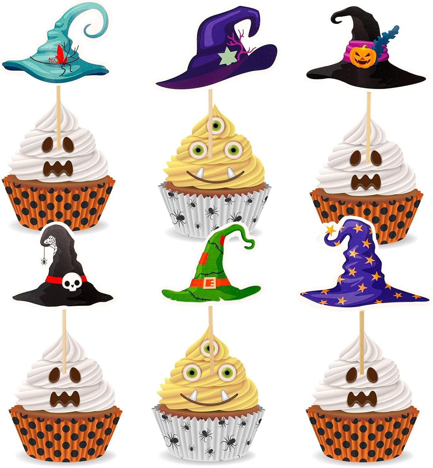 FOUORTUNATE-BEE Tortenstecker 24 Halloween Cupcake Topper Hexenhut, 6 Motive, (2