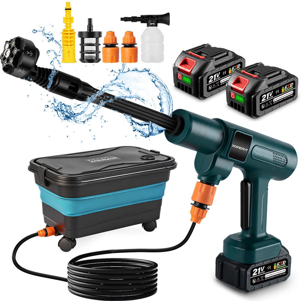 Yofidra Akku-Hochdruckreiniger 70 bar mit 2 Akkus & 22 L Falteimer, Druck max: 70 bar, 500 W, Fördermenge max: 246 l/h, tragbarer Hochdruckreiniger für Auto, Balkon, Terrasse & Garten