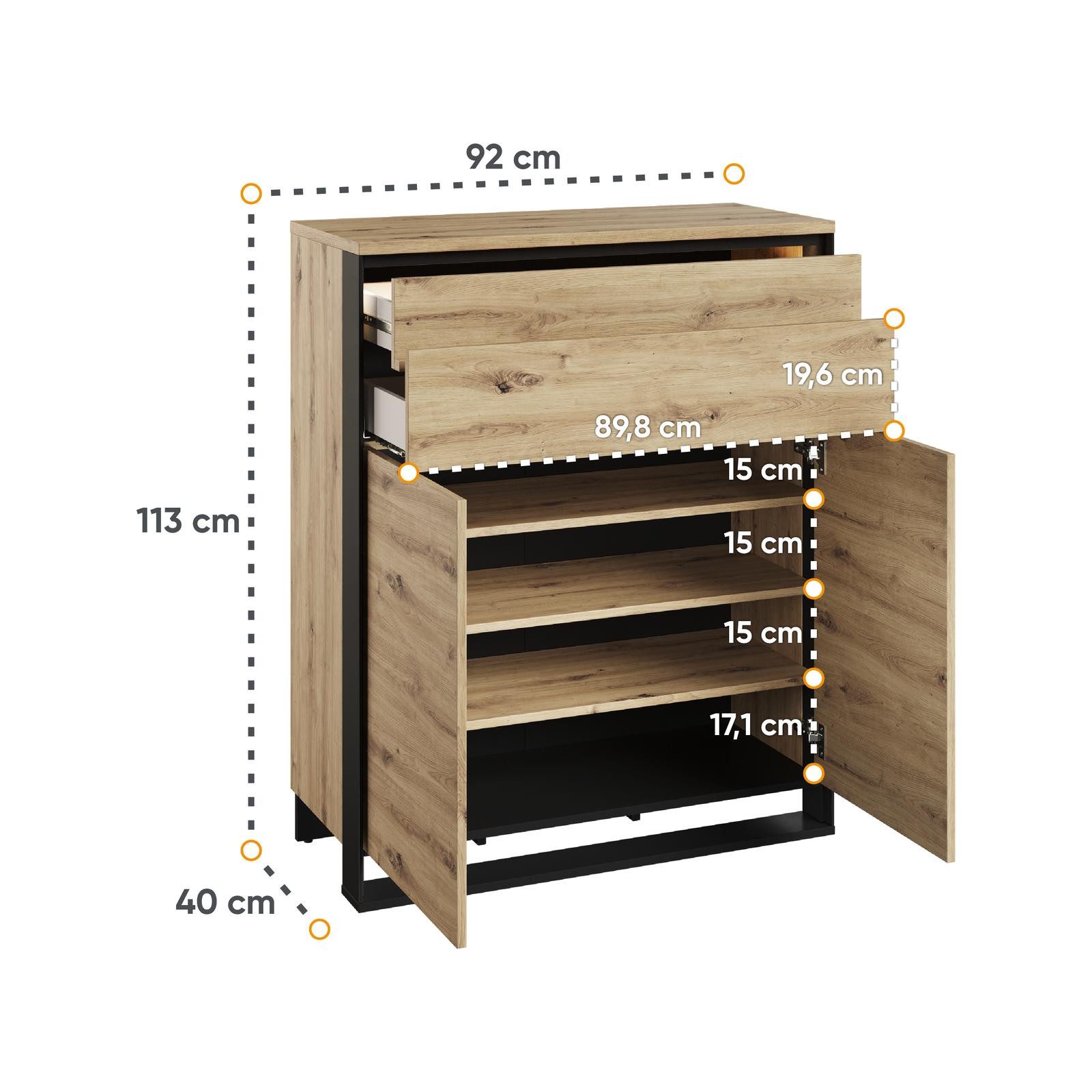 HAUSELEMENT Kommode QUANT QG-02, 2 Schubladen 2 Türen LED-Beleuchtung Sideboard 92 cm Push-to-Open Loft