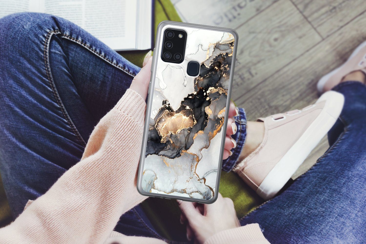 MuchoWow Handyhülle für Samsung Galaxy A21s Marmor - Schwarz - Weiß - Gold - Luxus - Abstr, Smartphone-Bumper, Print, Handy Schutzhülle Dünn