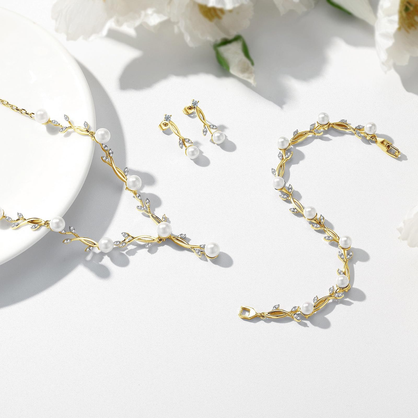 Coonoor Schmuckset Brauthochzeits-Schmuckset, Damen Anhänger Halskette und Ohrringe, Perlen Blumen Schmuckset