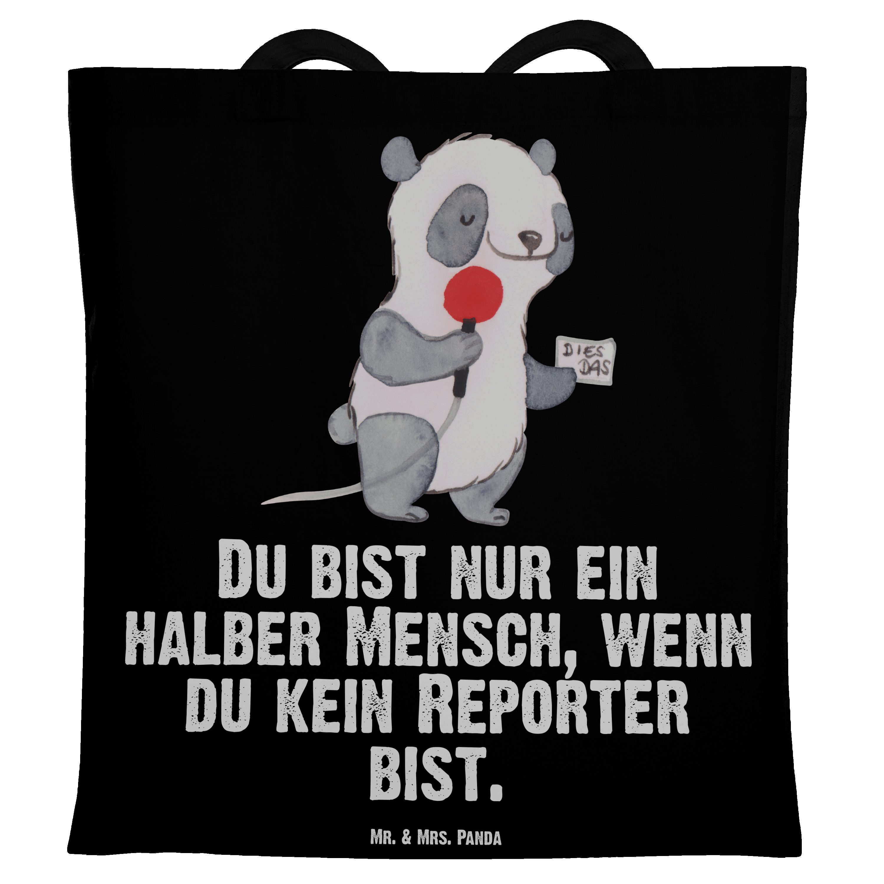 Mr. & Mrs. Panda Tragetasche Reporter mit Herz - Schwarz - Geschenk, Kollege, Mitarbeiter, Jutebeu (1-tlg)