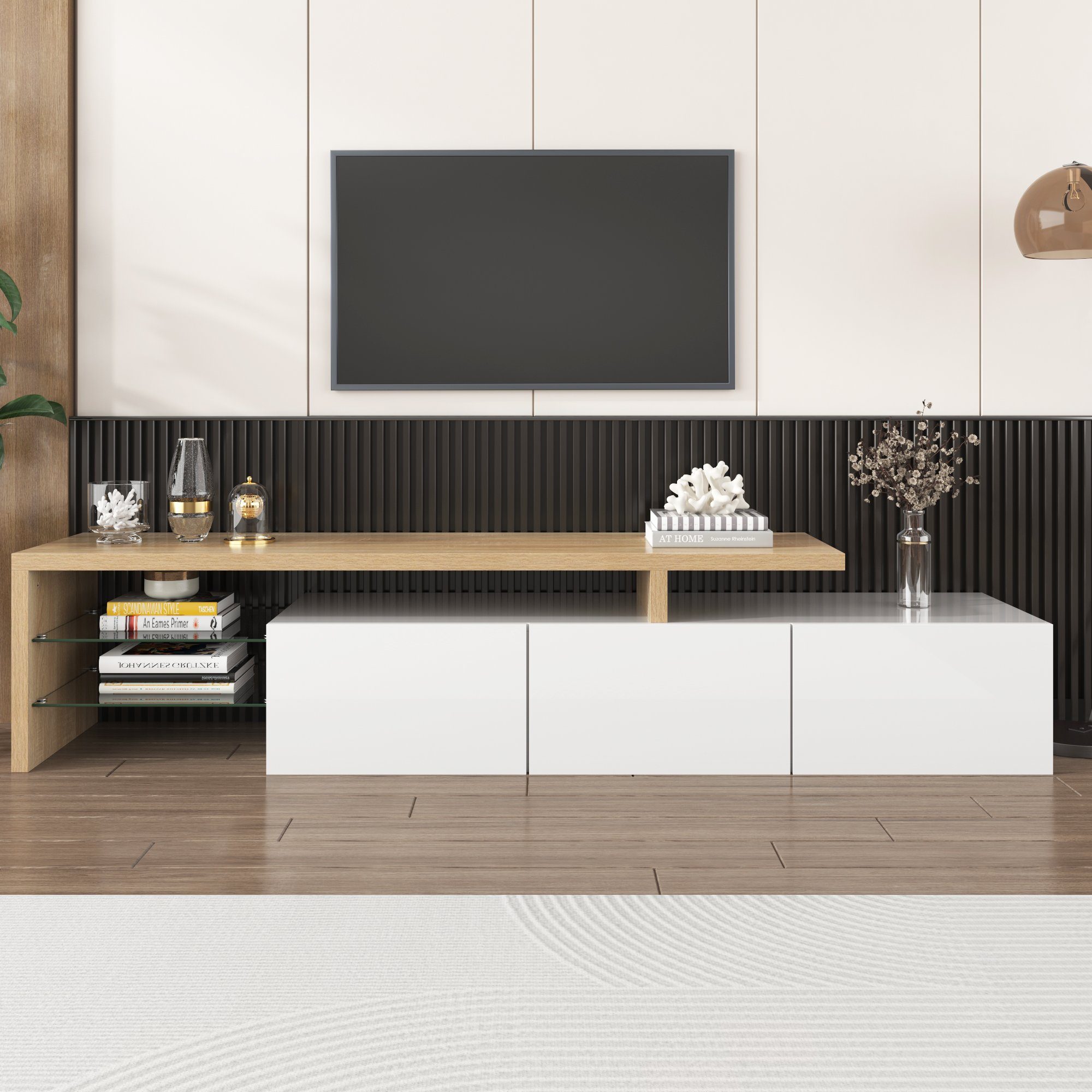 Fangqi TV-Schrank mit 3 Schränke, Glasböden, Lagerregale,LED-Beleuchtung, Weiß/Schwarz (197.5 L x 39 B x 42H(cm) Modernes, praktischer Stauraum,Hochglanz, Holzoptik