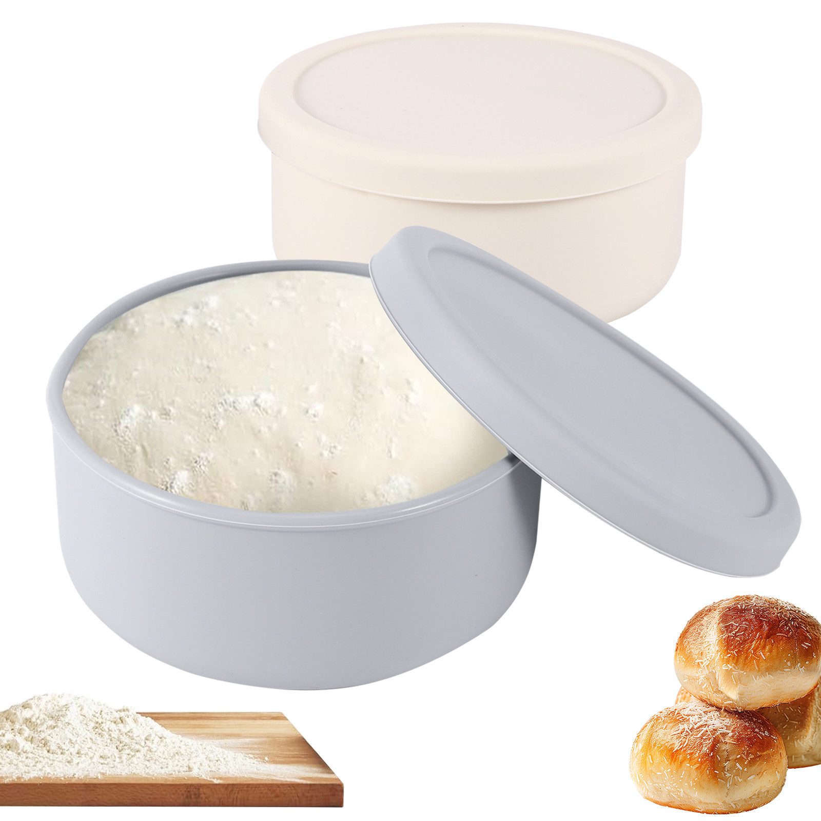 LEMLIT Vorratsdose Pizzaballenbox mit Deckel, 700 ml Silikon-Teigbox für Pizzateig, Silikon, (2er Set, 2-tlg., 2tlg), Vorratsbehälter für Pizzateig und Teiggare, Cremeweiß/Blaugrau