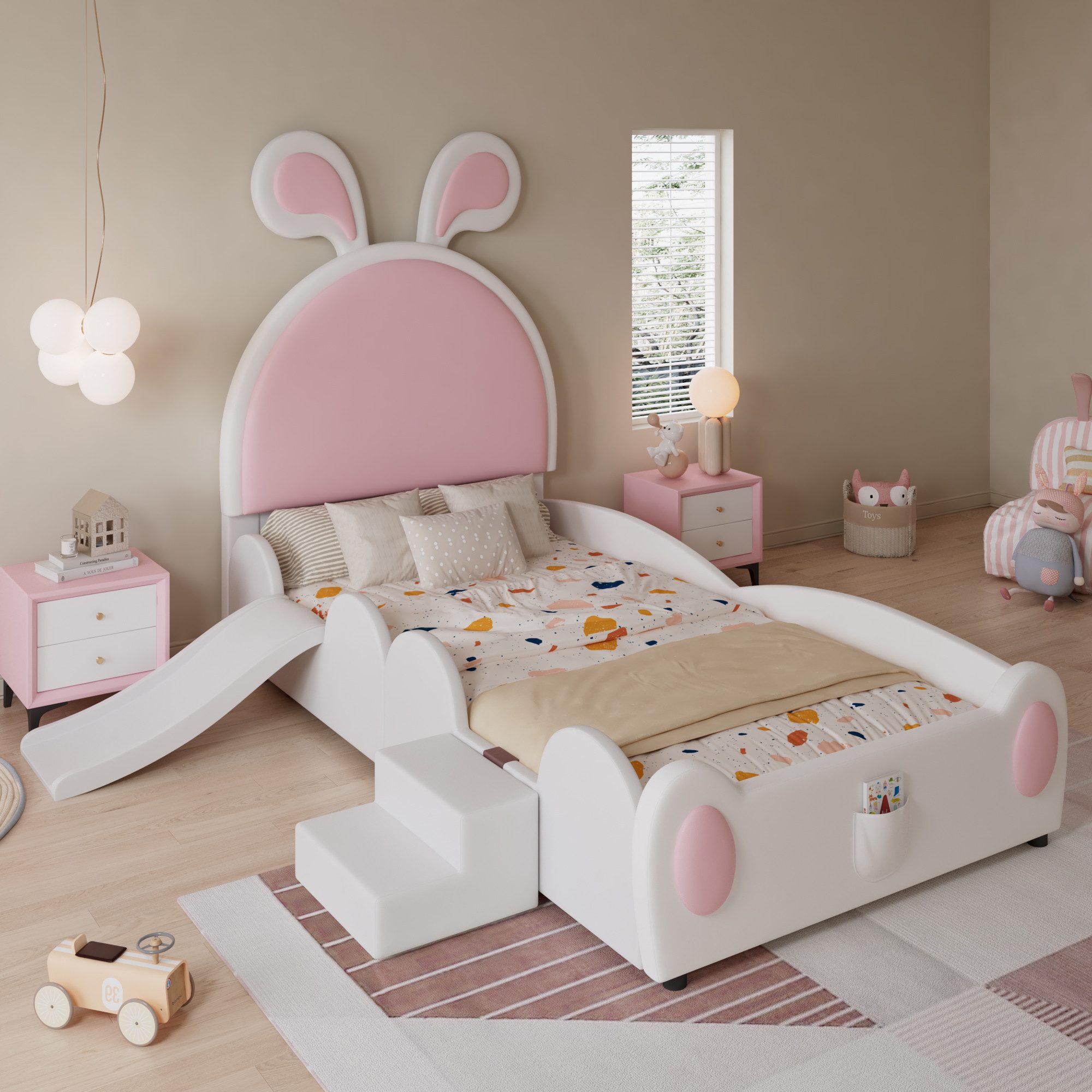 Flieks Kinderbett, Polsterbett Prinzessinbett Hasenohren 90x200cm mit Rutsche und Treppe