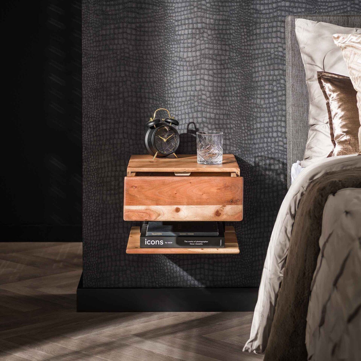 LEVEN Lifestyle Nachttisch Nachtschrank hängend mit Ablage im Industrie Design, mit 1 Schublade