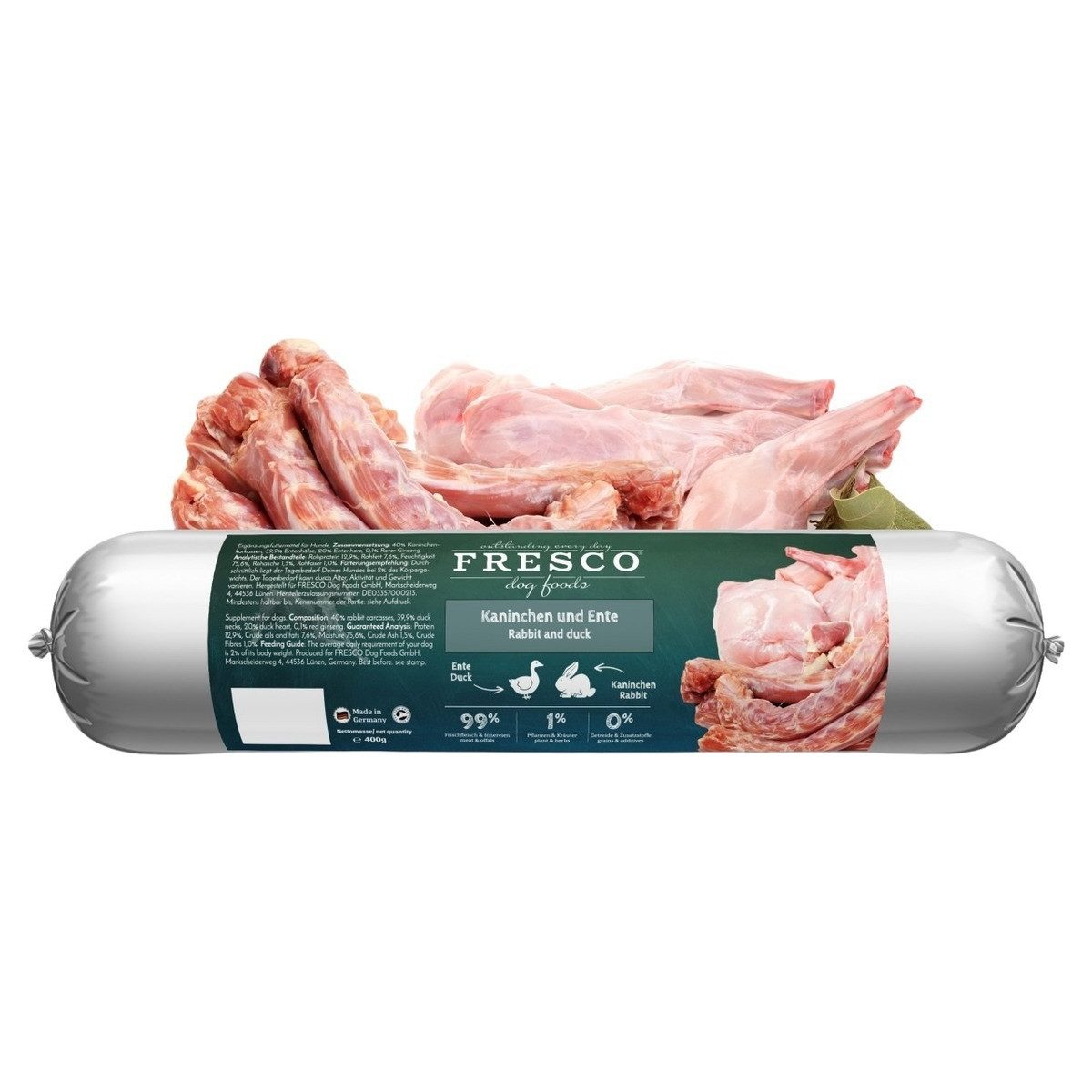 Fresco BarfWurst Kaninchen und Ente pur 400 g, für: Hund