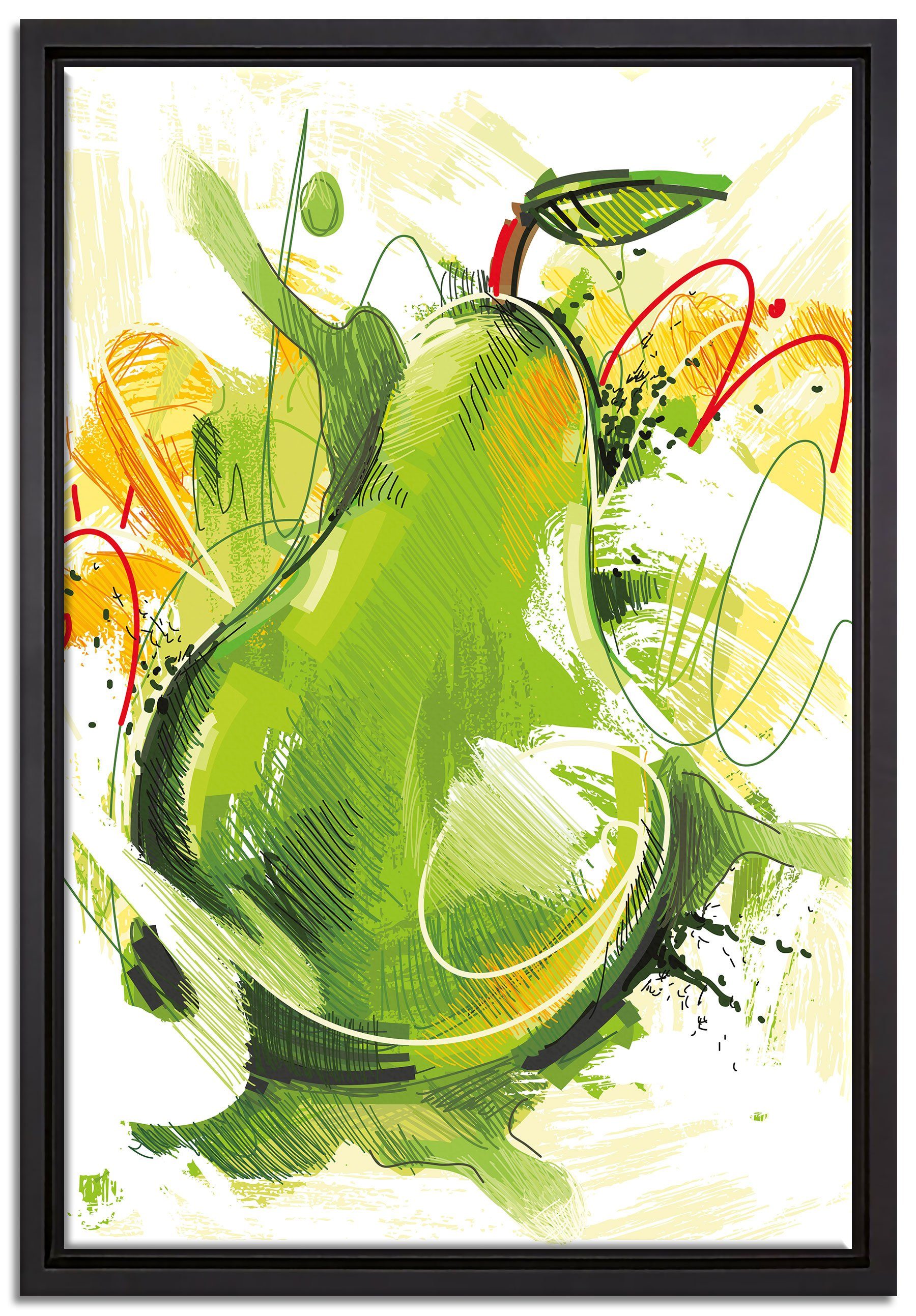 Pixxprint Leinwandbild Künstlerisch gezeichnete Birne, Wanddekoration (1 St), Leinwandbild fertig bespannt, in einem Schattenfugen-Bilderrahmen gefasst, inkl. Zackenaufhänger