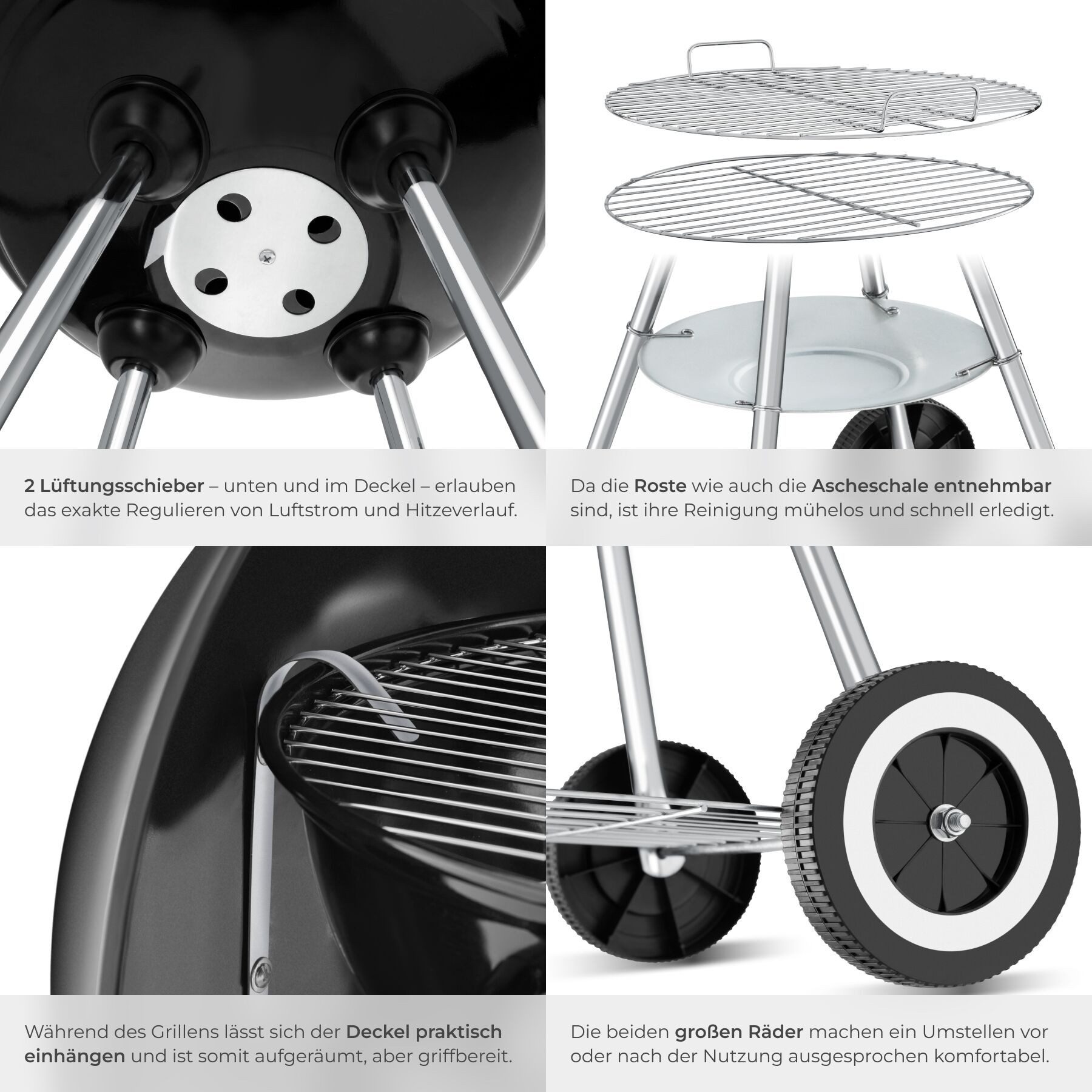 tectake Holzkohlegrill Kugelgrill - großer verchromter Rost & abnehmbare Ascheschale, Grillwagen, in schwarz/silber, leichtgängige Räder und regulierbare Luftzu – Bild 5 von 5