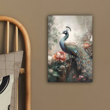 OneMillionCanvasses® Leinwandbild Pfau - Pfauenfedern - Vogel - Dschungel - Blumen, (1 St), Leinwand Wandbild, Wanddekoration 20x30 cm