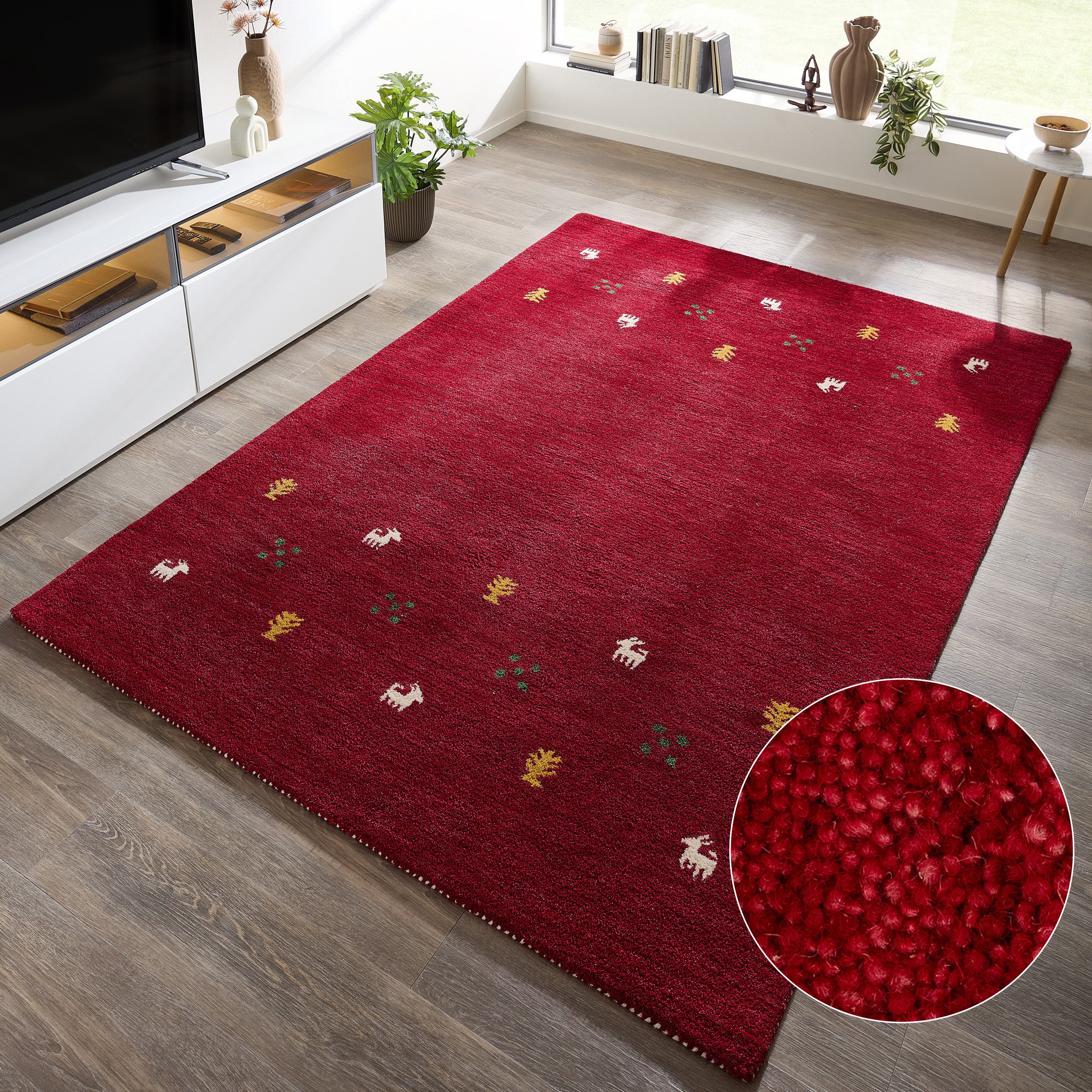 THEKO Wollteppich Gabbeh Motiv, Handgefertigt, Teppich, Tiermotiv, reine Wolle, rechteckig, Höhe: 14 mm, reine Wolle, Wohnzimmer, Schlafzimmer, Esszimmer