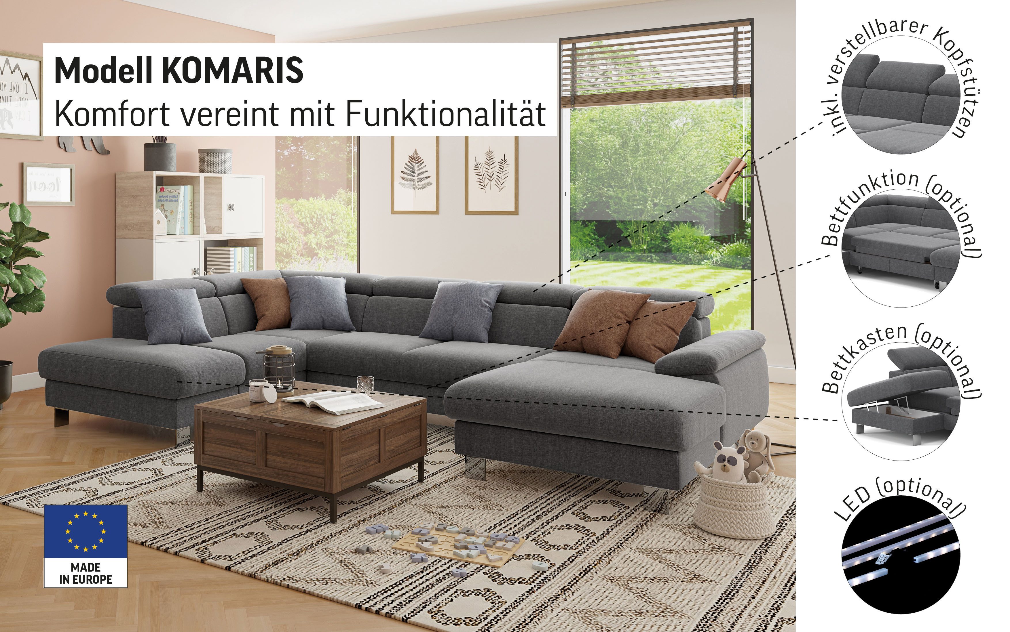 COTTA Wohnlandschaft Komaris U-Form, B: 320 cm, mit Kopfteilverstellung, optional Bettfunktion, Bettkasten & Licht