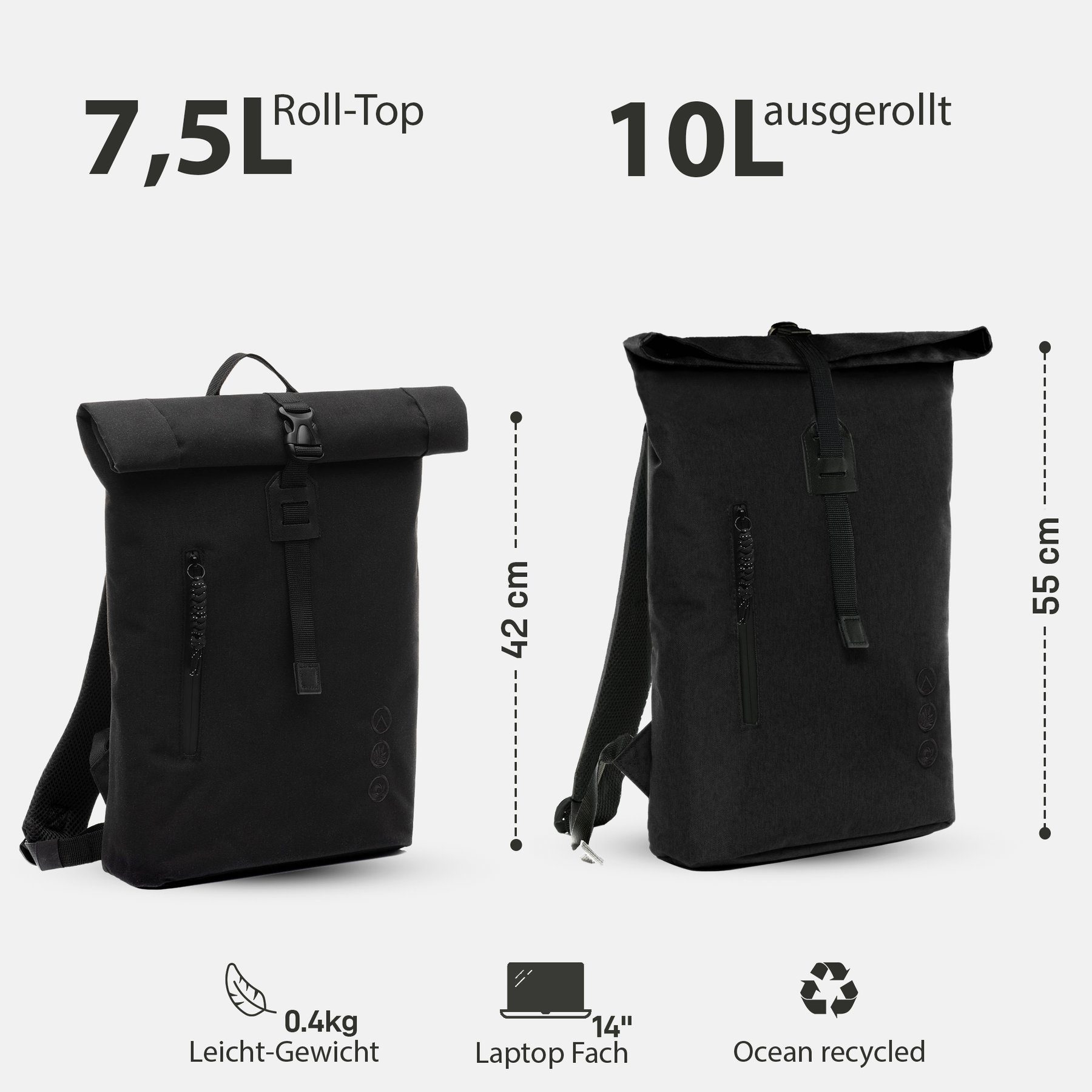SONS OF ALOHA Rucksack RollTop Rucksack Damen klein extra Laptop-Hülle, City-Rucksack dünn als Fahrrad-Rucksack, Daypack für Damen, schwarz