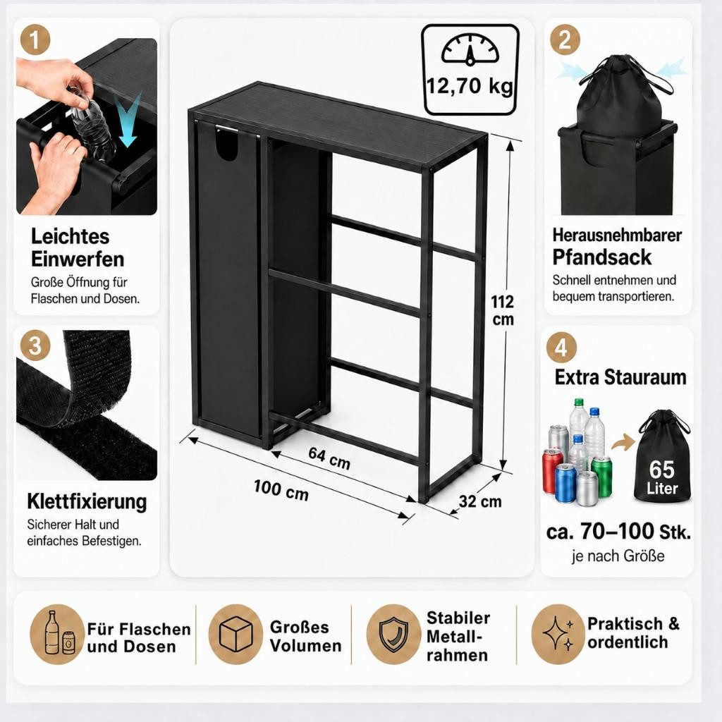 DanDiBo Küchenregal Getränkeregal 4 Kisten mit Ablage und Sammelbehälter Metall Schwarz, Getränkeregal Behälter Kistenregal Getränkekistenhalter – Bild 2 von 5