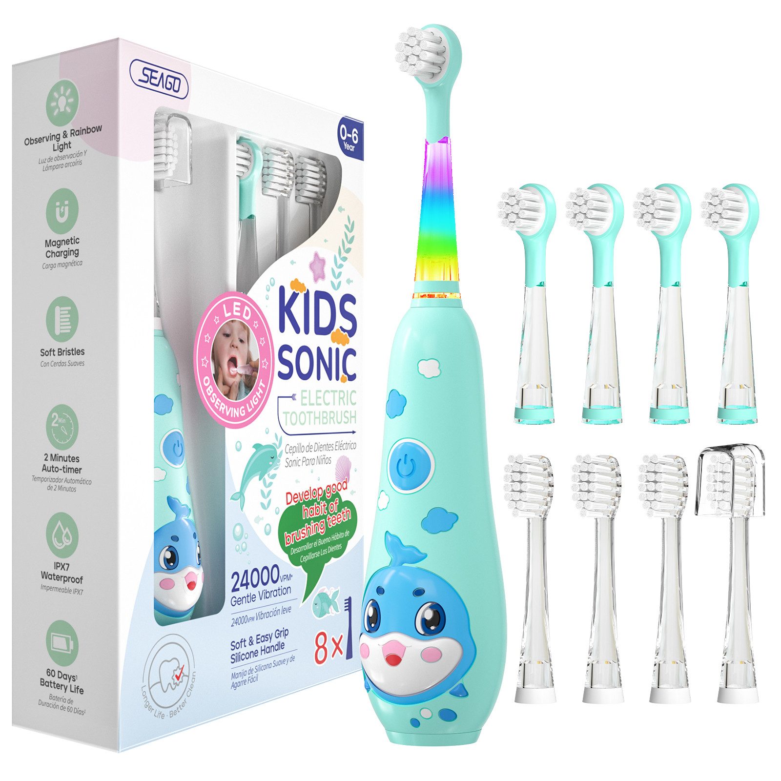 Seago Elektrische Zahnbürste Kinder 0-6 Jahre mit LED, Smart Timer, IPX7 Baby Schallzahnbürste, Aufsteckbürsten: 8 St., wiederaufladbare Baby Zahnbürste mit 8 weiche Ersatzbürstenköpfen, Memory-Funktion, 90%abgerundeten Borsten, Batterie hält bis zu 60 Tage