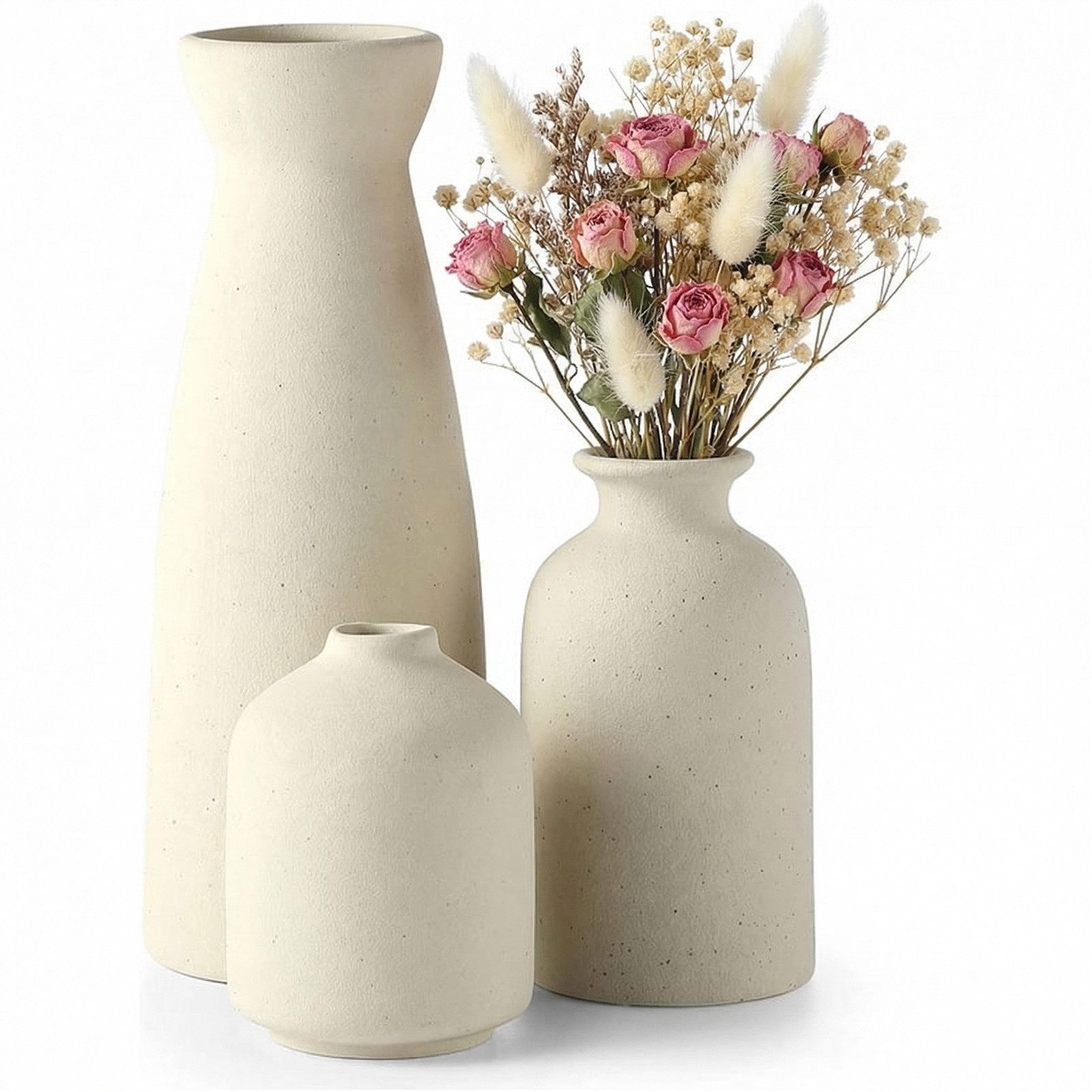 LEMLIT Dekovase Keramikvasen-Set 3-teilig, Minimalistische Blumenvasen (3er Set, 3 St., Große Vase, Mittlere Vase, Kleine Vase), für frische Blumen, Trockenblumen und Pampasgras, Beige