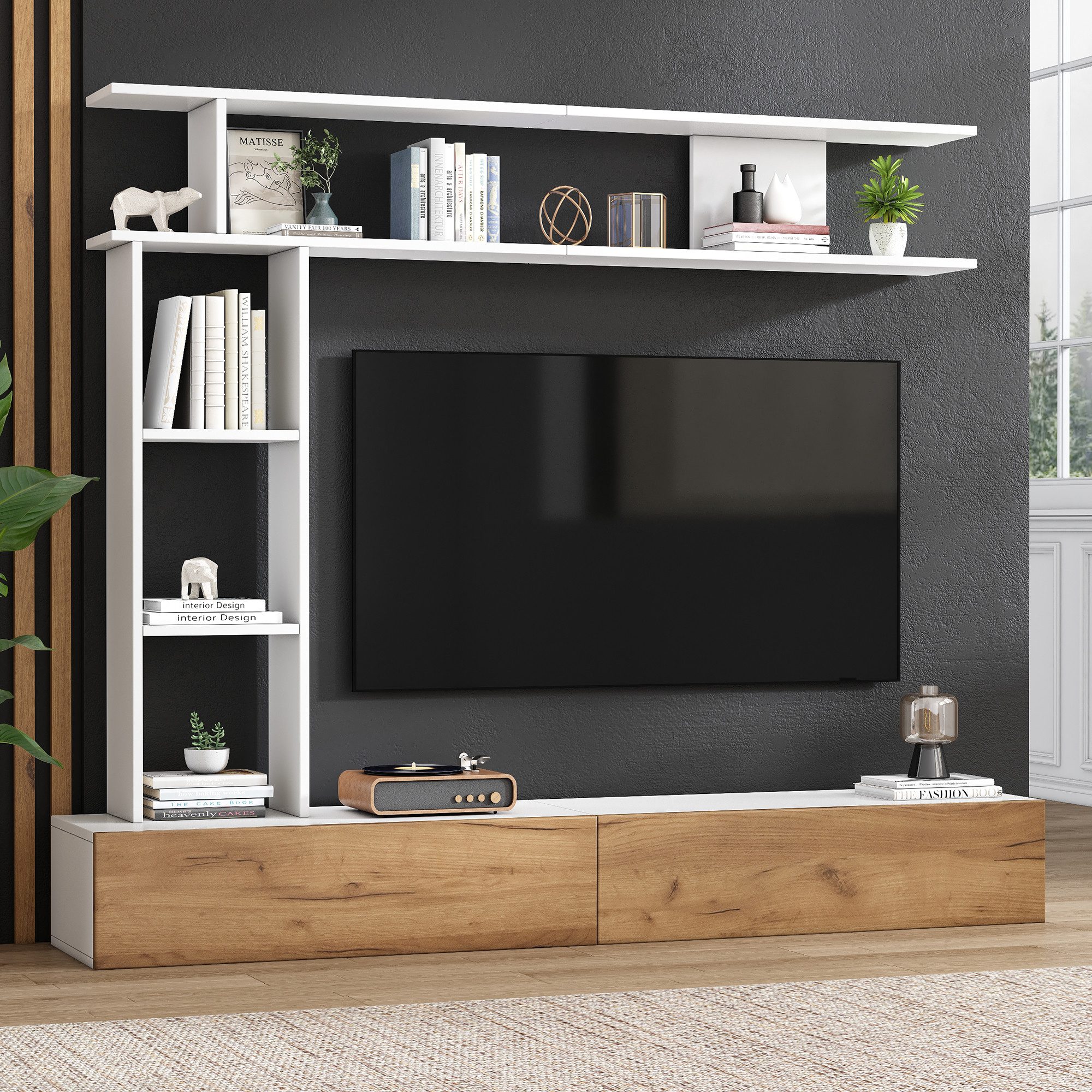 OKWISH Wohnzimmer-Set TV Wohnwand-set, stehend oder hängend, (Wohnzimmermöbel-Set, 1-St., TV-Board, Standregal und Wandregal), für TV bis 80 Zoll, 180*35*22.5cm