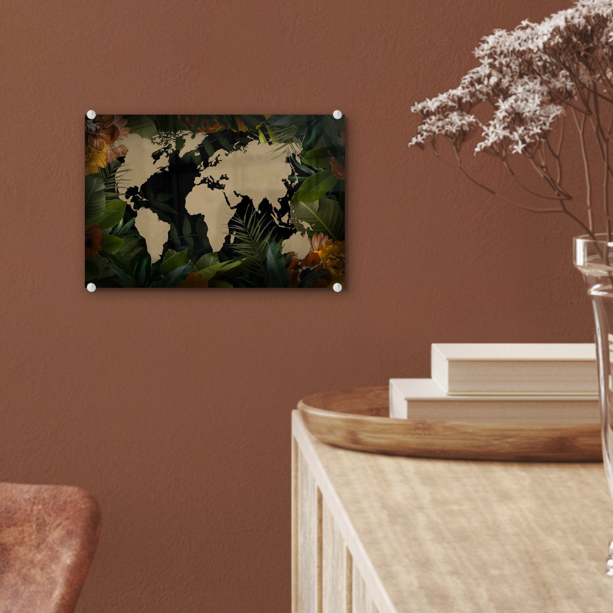 - Glasbilder (1 - auf Acrylglasbild MuchoWow Blätter, Weltkarte auf Pflanzen - Glas Wandbild Glas St), Wanddekoration Bilder Foto - -