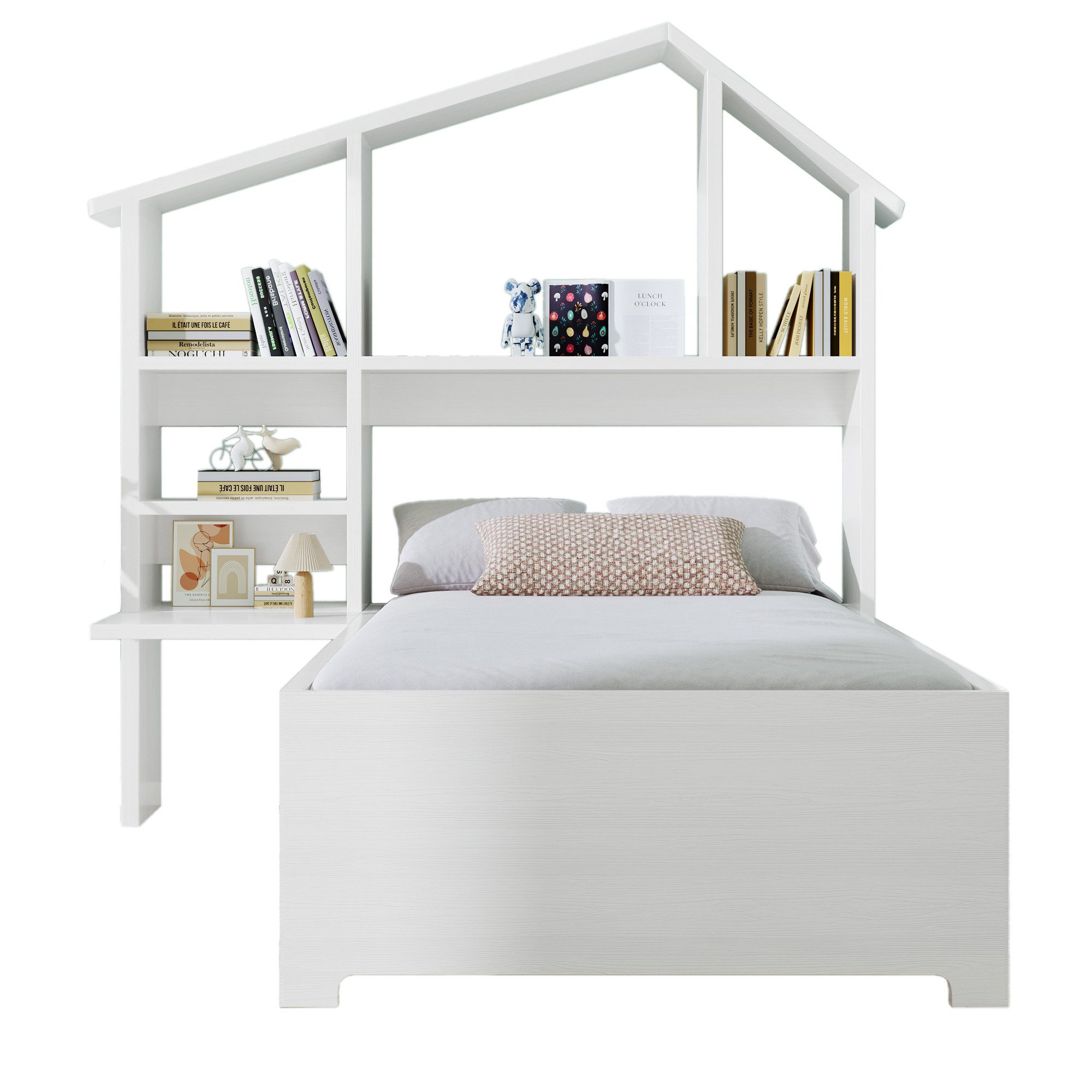 Kinderbett Holzbett mit Bücherregale,Stauraum und Lattenrost