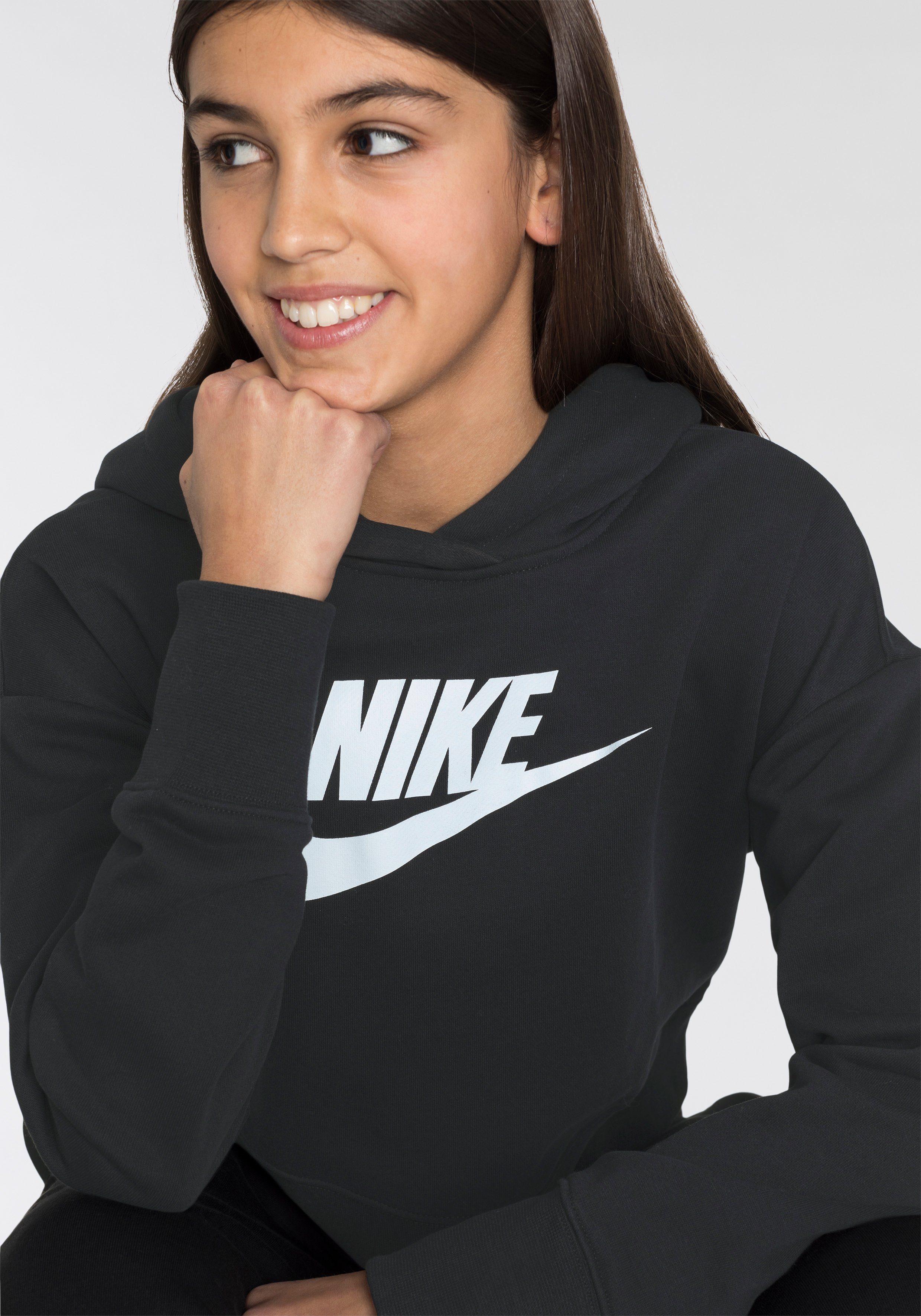 Nike Sportswear Kapuzensweatshirt Club Big Kids' French Hoodie (Girls) Terry schwarz Cropped
