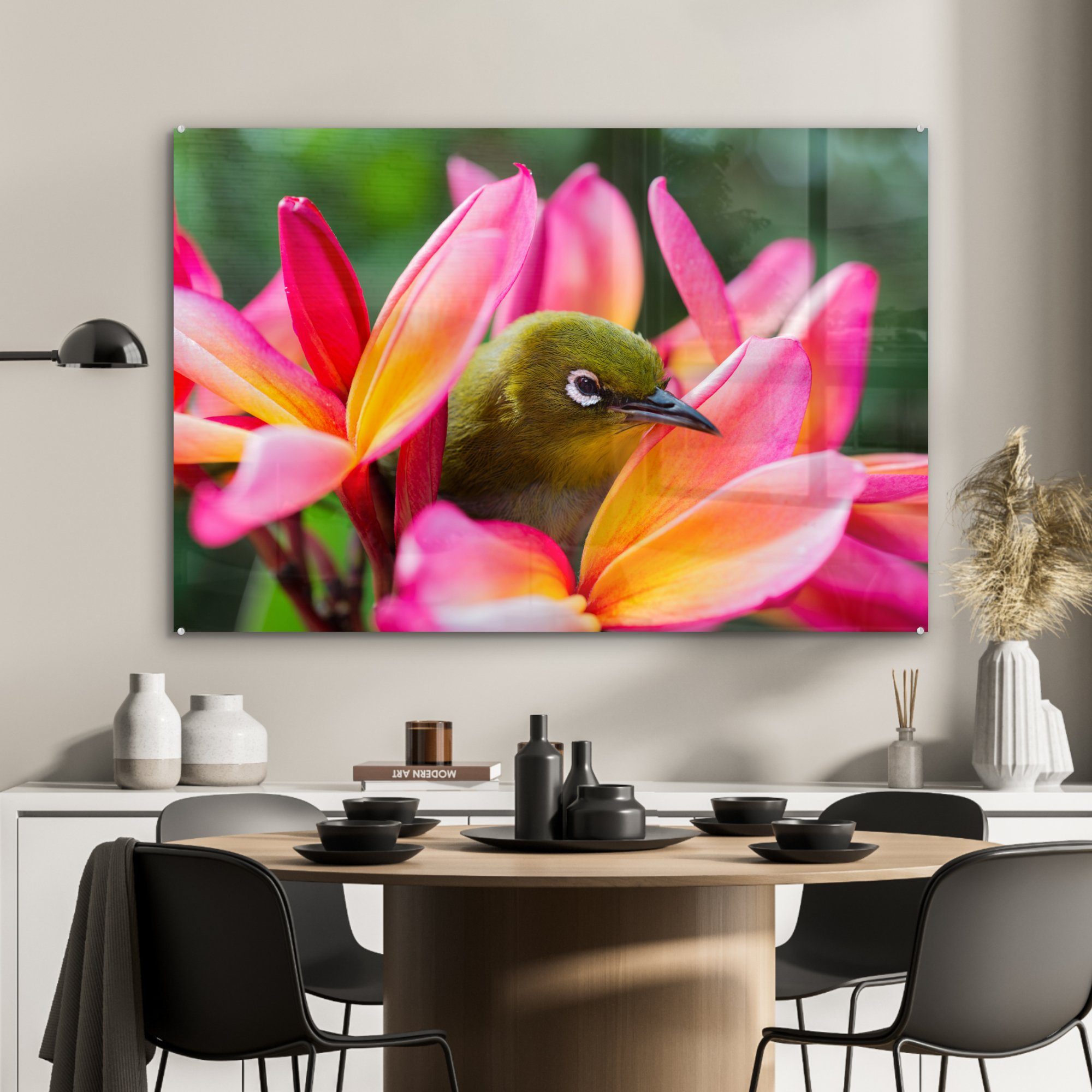 Vogel zwischen Blumen, Tropischer St), Wohnzimmer Acrylglasbild & Schlafzimmer Acrylglasbilder (1 MuchoWow