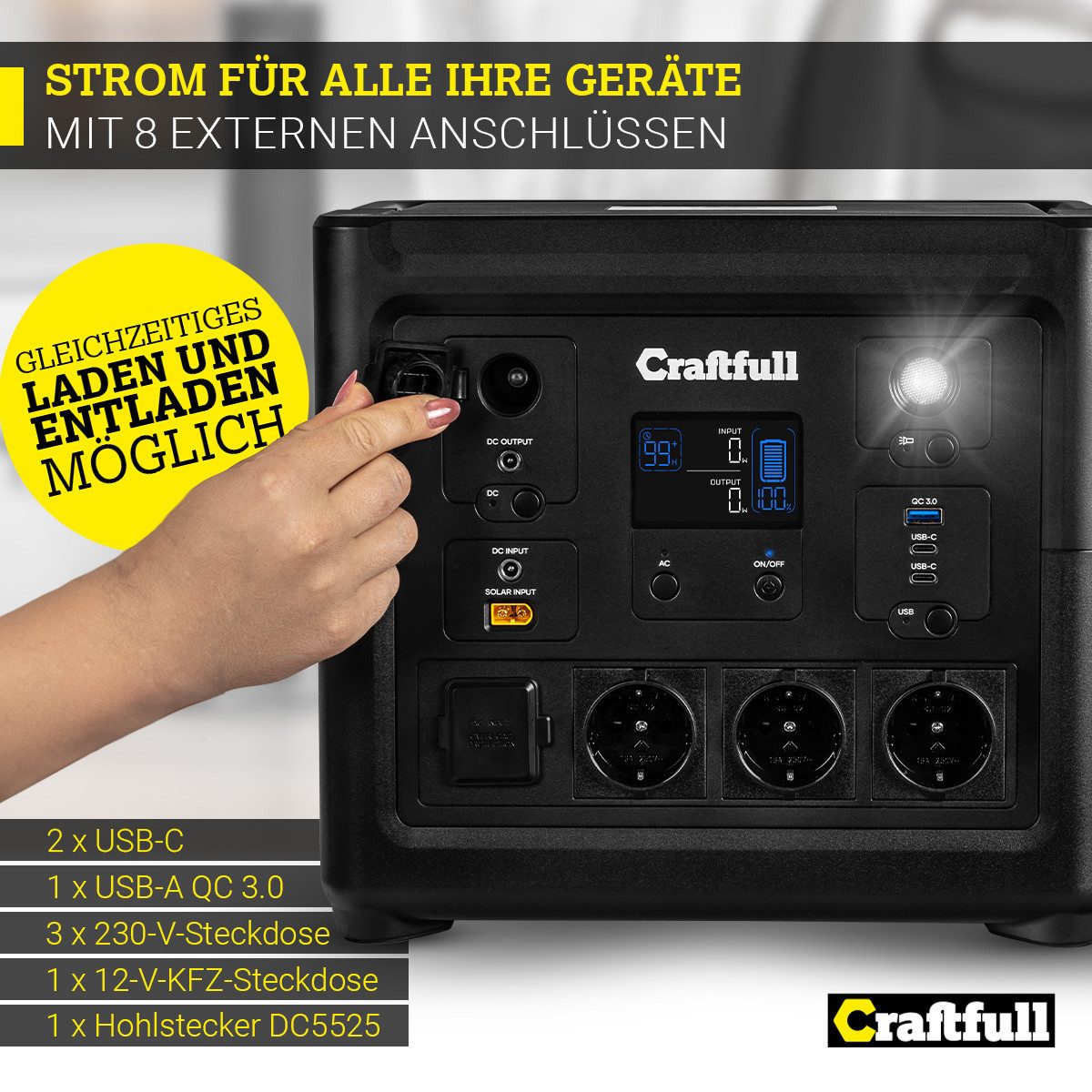 Craftfull Powerstation Stromgenerator Fast Charge PS800 3 J. Garantie Powerstation Stromerzeuger Powerbank inkl. intelligentes Batteriemanagementsystem - Schnelllade-Powerstation 43500 mAh (230 V, 1 St), Tragbarer Akku - mobile Stromversorgung - Camping