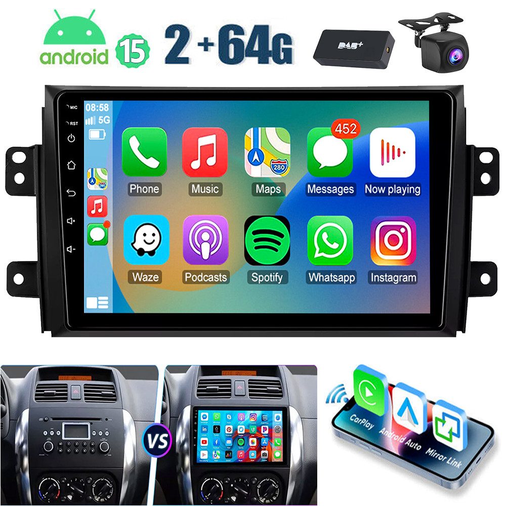 9'' Autoradio Android 15 für Suzuki SX4 2006–13 CarPlay GPS Navi WIFI Autoradio