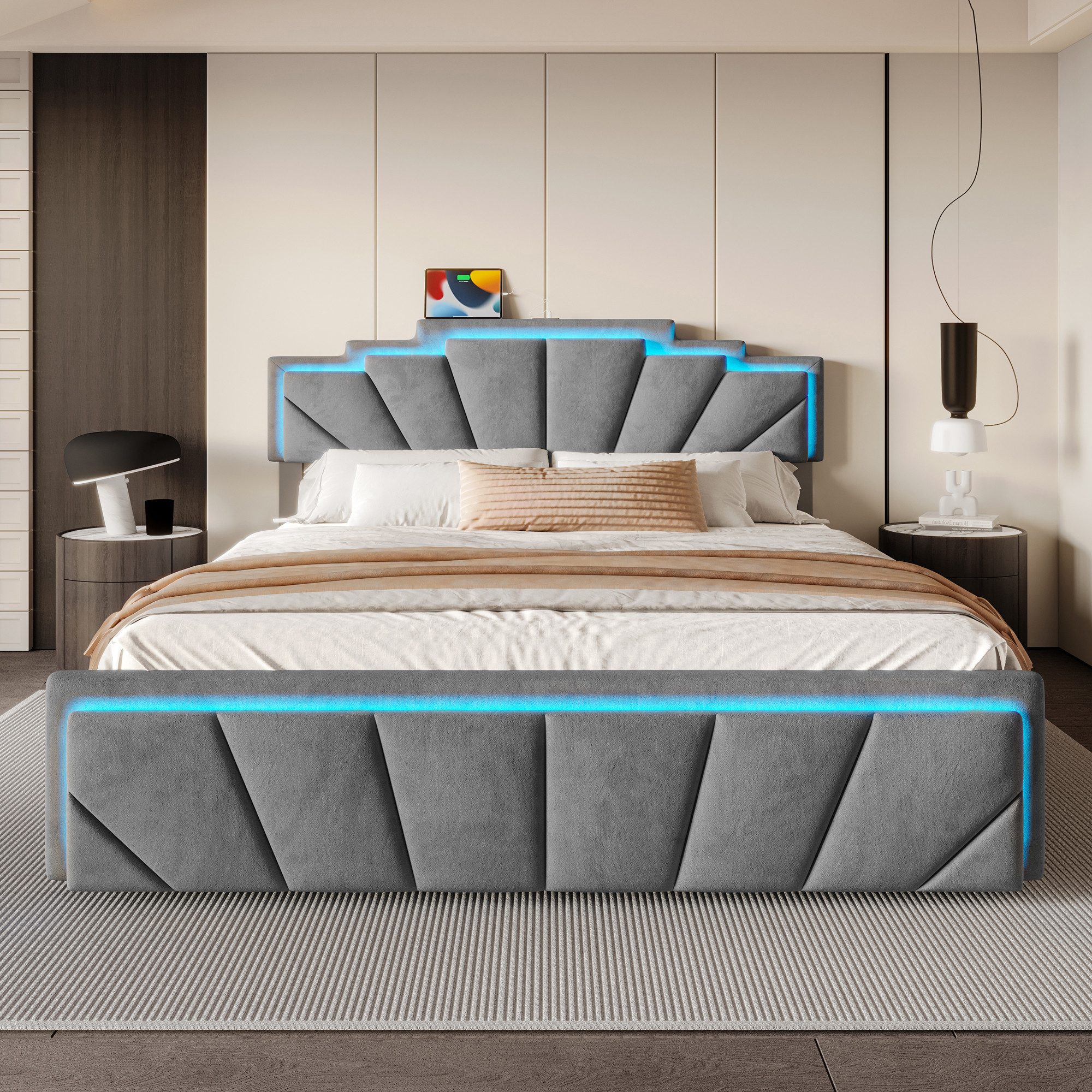 Celya Polsterbett Doppelbett mit einzigartigem trapezförmigem Kopfteil (USB günstig online kaufen