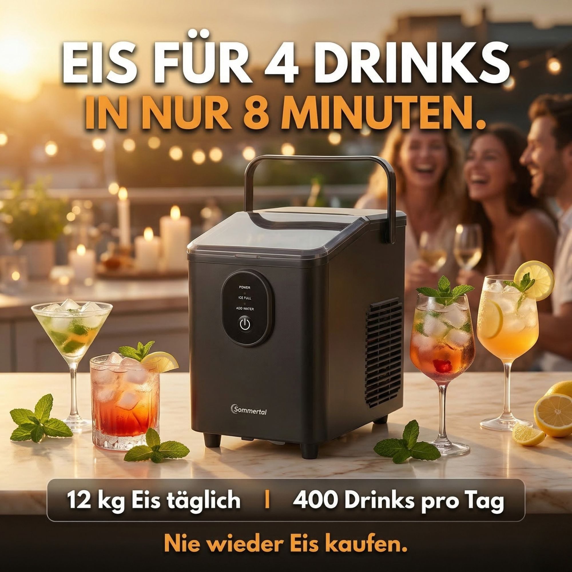 Sommertal Eiswürfelmaschine Sommertal Eiswürfelmaschine Eismaschine 12kg Eiswürfelbereiter, 0,3kg Bullet Eis in 20 Min Selbstreinigend & Leise Ice Maker