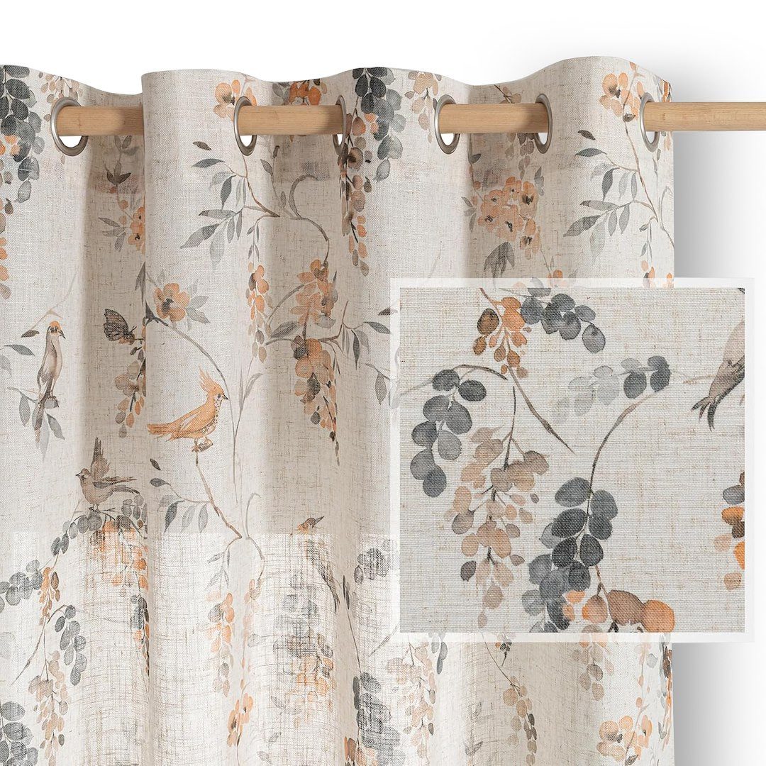 Restilo Gardine Gardine Ösen Vorhang Leinen Microfaser Blumen Muster (1 St), Ösen, halbtransparent, Microfaser mit Leinen