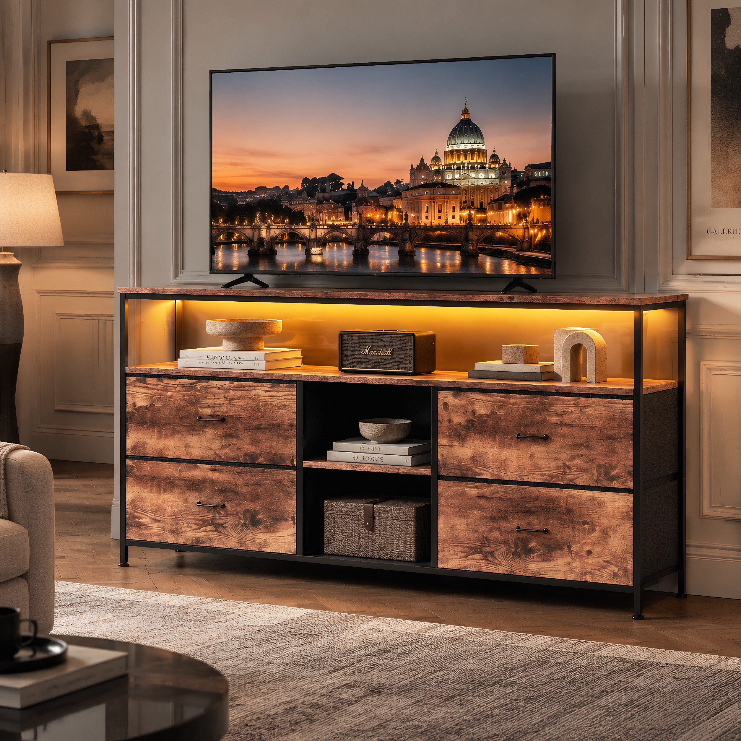 Simurq TV-Schrank Lowboard TV-Bank, mit LED und Schubladen und offenen Regalen (1er Set) mit LED und 4 Schubladen und 2 offenen Regalen, 108x29.8x76.8