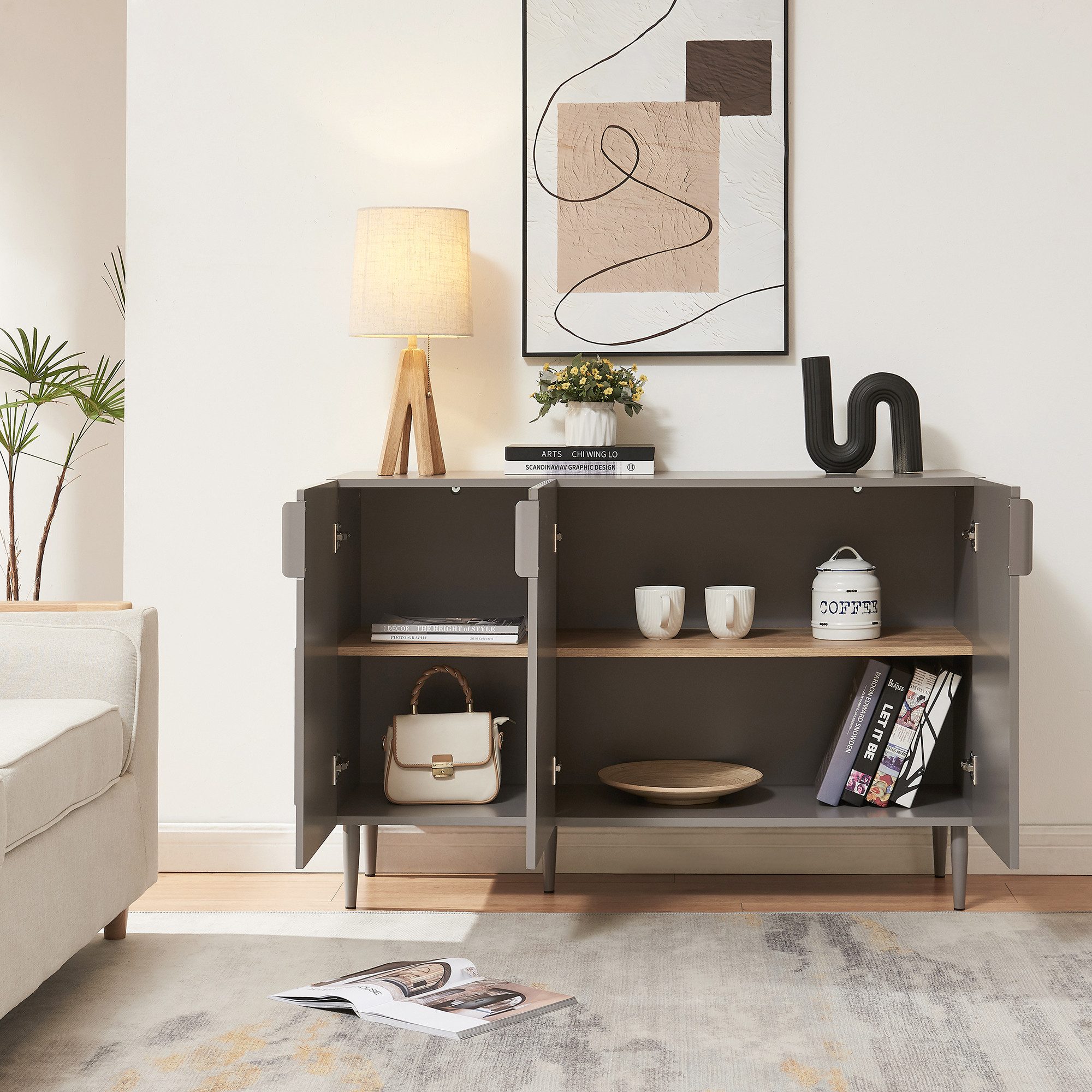 en.casa Sideboard, »Starvili« mit 3 Türen 75 x 115 x 38 cm Grau günstig online kaufen