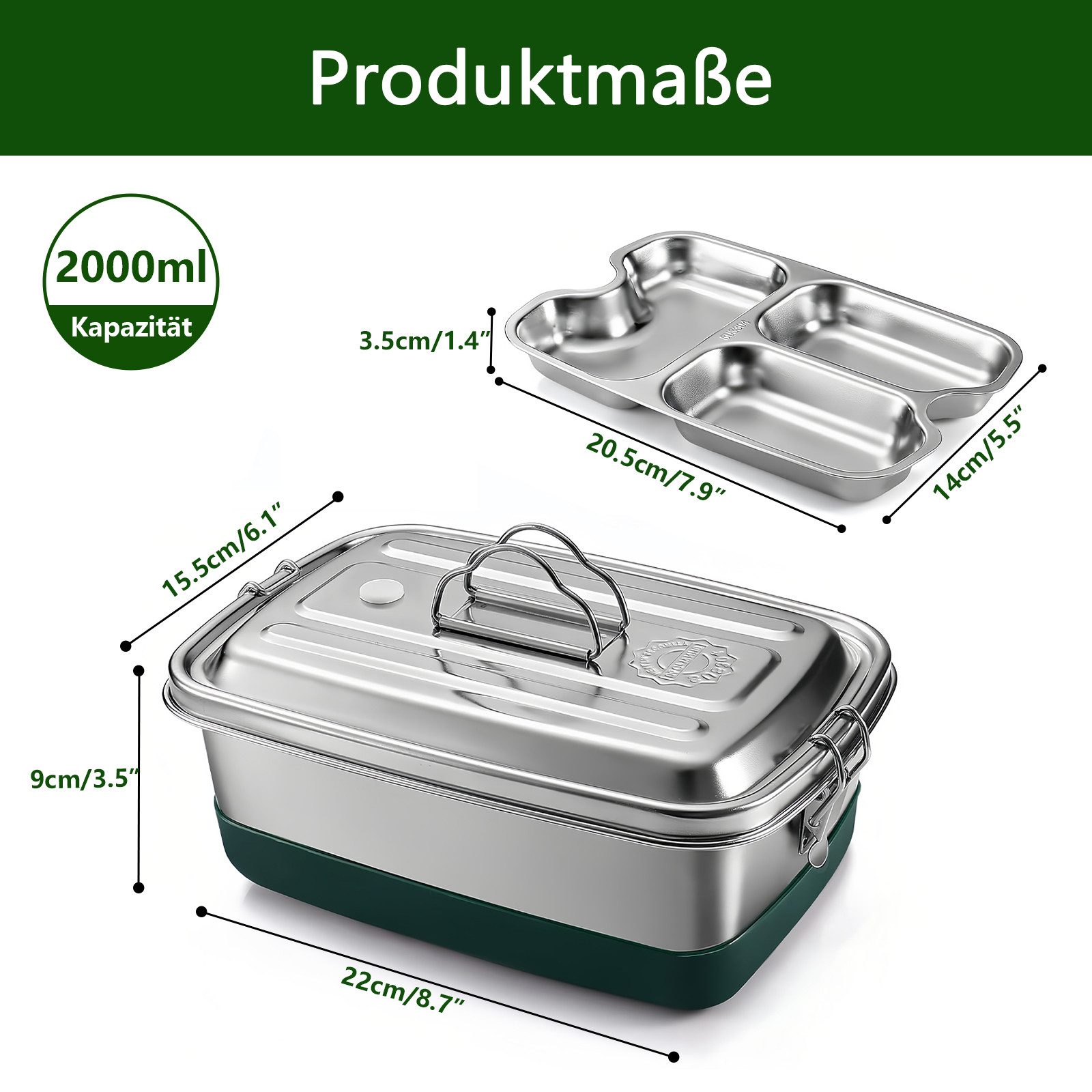 PFCTART Lunchbox Edelstahl Brotdose 2000 ml mit 3 Fächern, Lunchbox Bento Box, Edelstahl 304, (Set, 1-tlg., 2-lagig, 3 Fächer, Bento Box für Arbeit, Schule & Picknick), 304 Edelstahl, auslaufsicher, BPA-frei, spülmaschinengeeignet