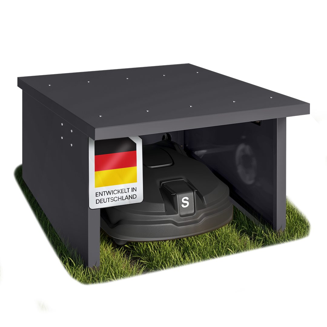 STEELSØN Mähroboter-Garage Drakon mit aufklappbarem Pultdach, BxTxH: 77x90x53,5 cm, für gängige Rasenmähroboter, (Anthrazit, Mähroboterhaus aus Metall, wetterfest), Rasenmäher Unterstand, mit Kabeldurchlass