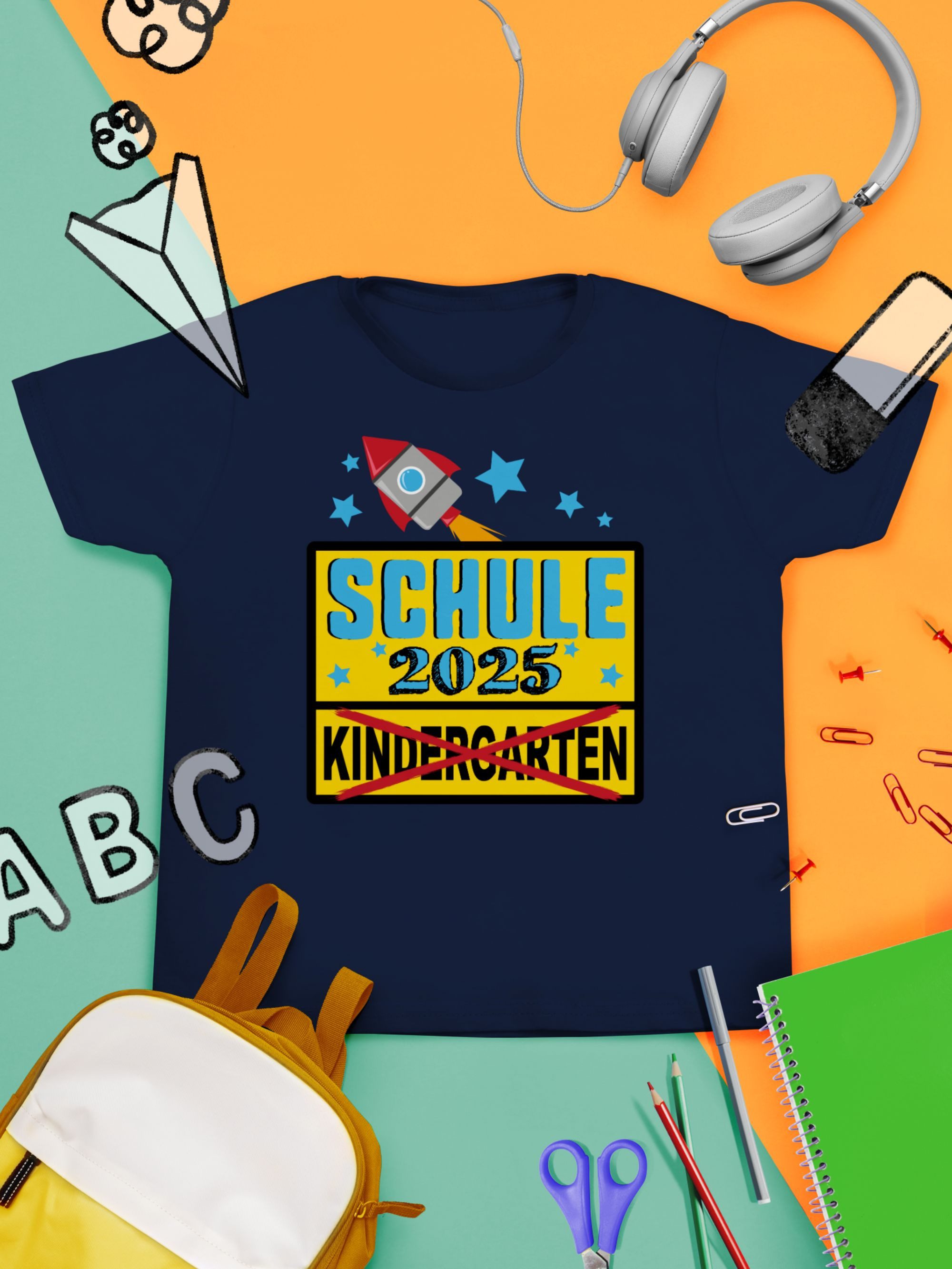 Shirtracer T-Shirt Ortsschild Schule 2025 Kindergarten Rakete Einschulung Junge Schulanfang Geschenke