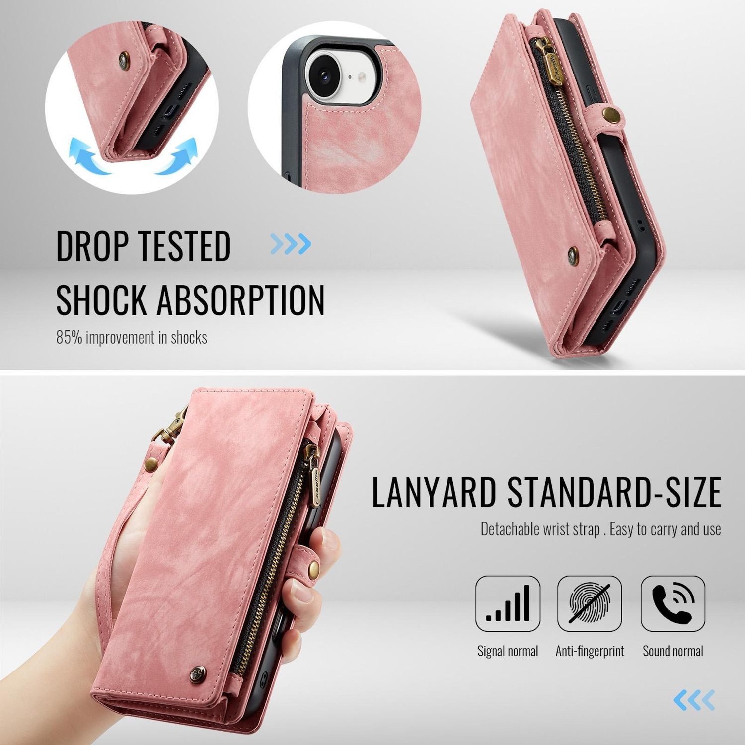 CaseMe Handyhülle Für Apple iPhone 16e Kunstleder Multifunktion Zipper Tasche Hülle Pink, Kunstleder Schutz Tasche Smart Case Multifunktion