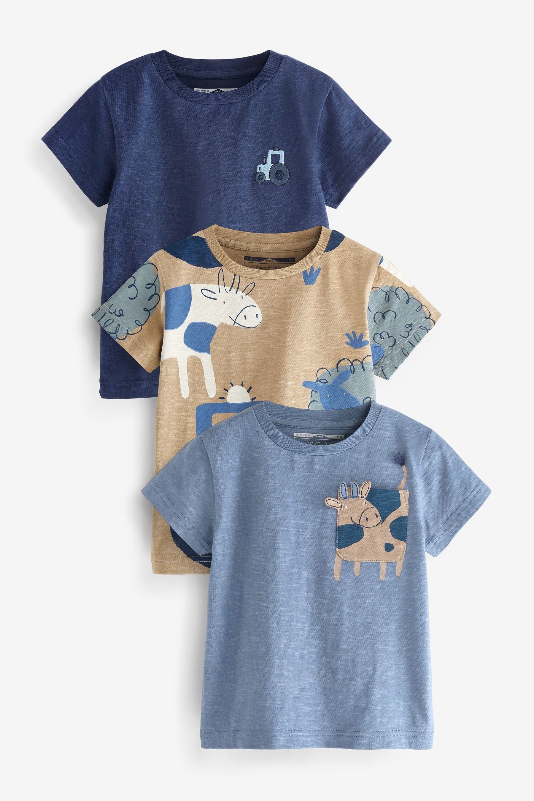 Next T-Shirt Kurzärmelige T-Shirts mit Figurenmotiv, 3er-Pack (3-tlg) Blue Farm