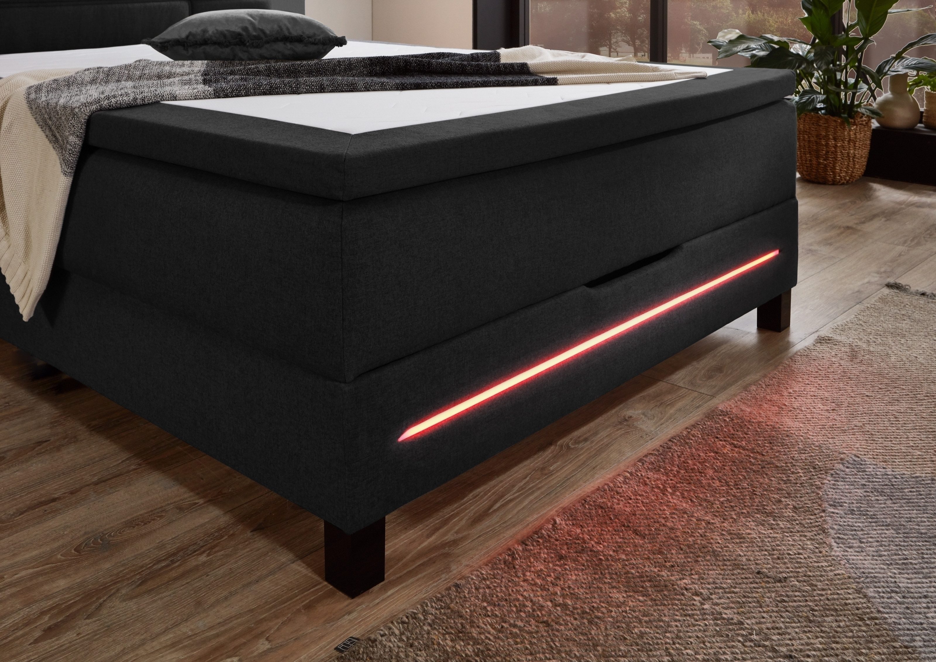 möbelando Young Box Spring Bed, incl. Topper, USB and LED Lighting, Anthracite - 140x200 cm