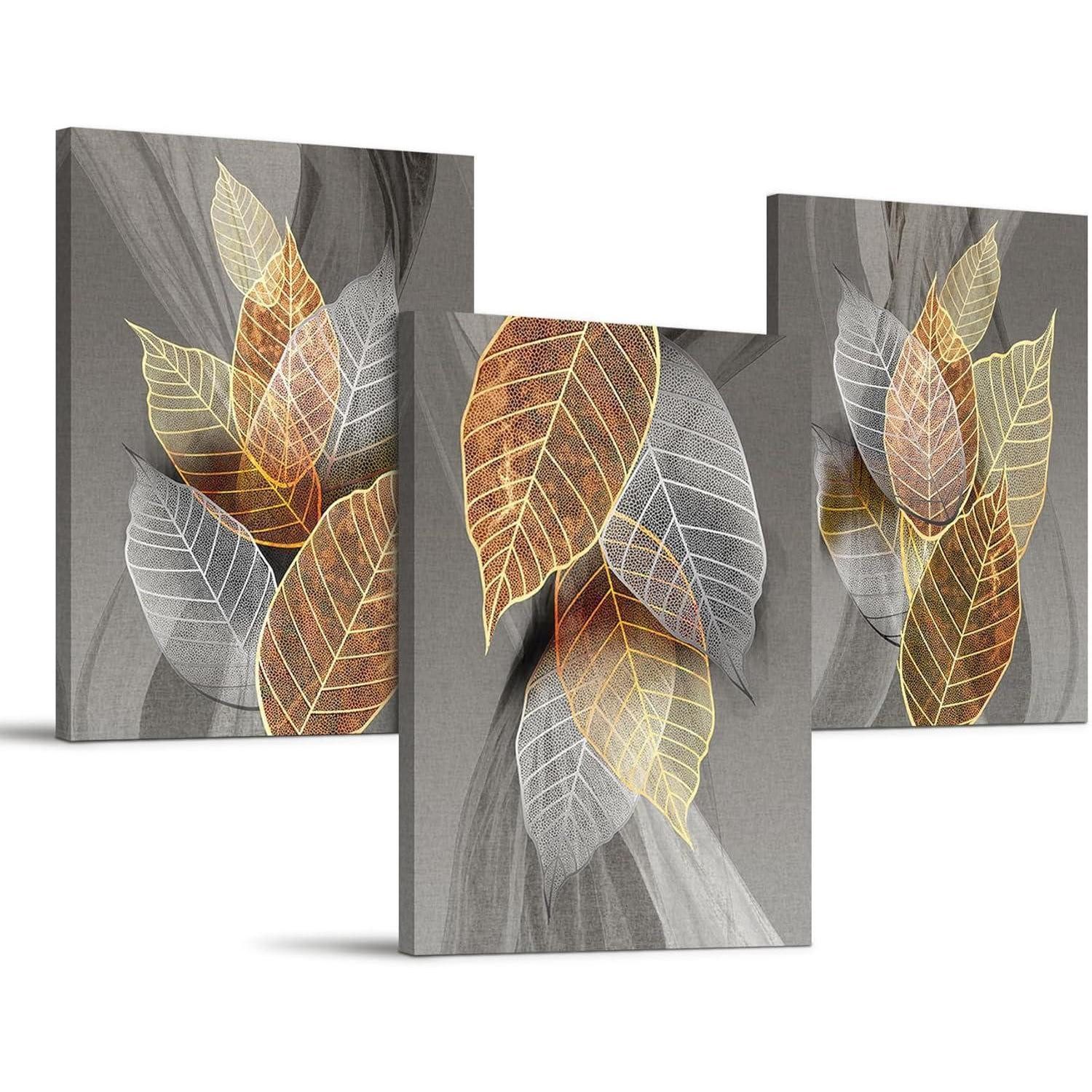hyidecorart Leinwandbild Bilder Blätter Natur Golden Pflanzen Leinwandbild 30x40cm 3er Set