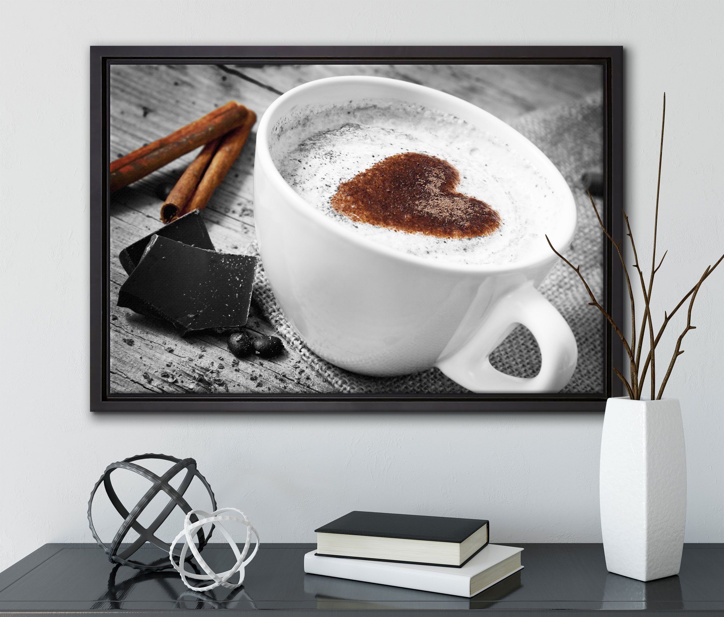 Pixxprint Leinwandbild schönes Kaffeesahneherz, Wanddekoration gefasst, fertig einem Zackenaufhänger St), Schattenfugen-Bilderrahmen in bespannt, Leinwandbild inkl. (1