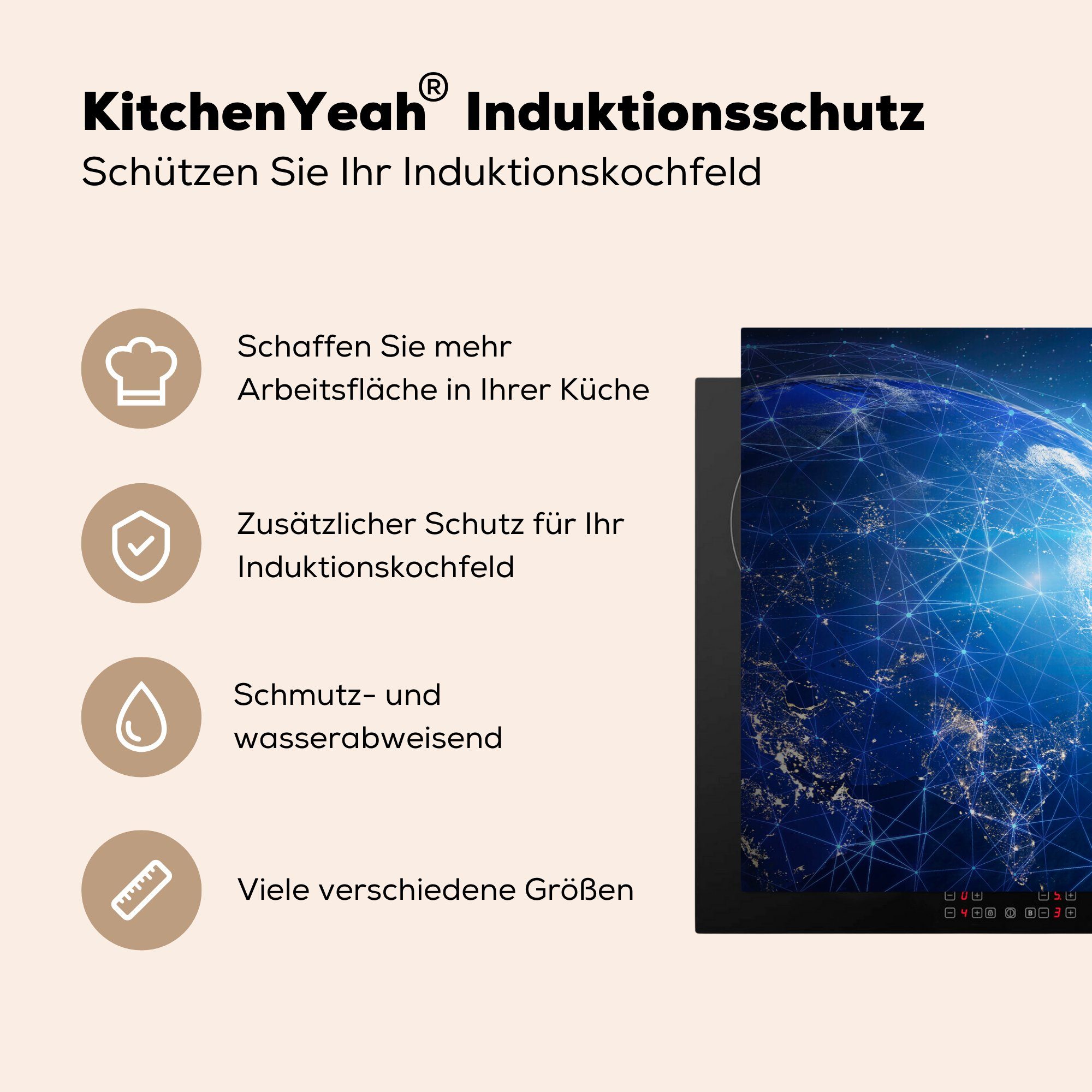 Vinyl, Licht, die 81x52 - Netz Erde (1 küche, Ceranfeldabdeckung - Herdblende-/Abdeckplatte cm, Induktionskochfeld Schutz tlg), MuchoWow für