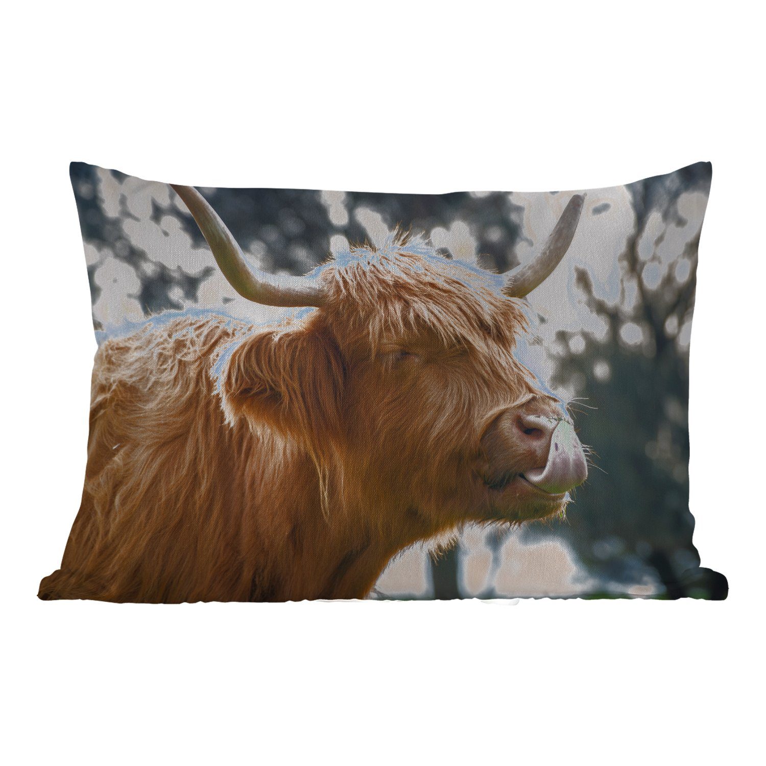 MuchoWow Dekokissen Schottischer Hochländer - Kuh - Frühling - Tiere, Outdoor-Dekorationskissen, Polyester, Dekokissenbezug, Kissenhülle