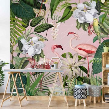 Bilderdepot24 Fototapete Vögel Tropische Flamingos Pflanzen Rosa Vintage Illustration Wanddeko, Glatt, Matt, (Vliestapete inkl. Kleister oder selbstklebend), Wohnzimmer Schlafzimmer Küche Flur Bildtapete Vliestapete Wandtapete