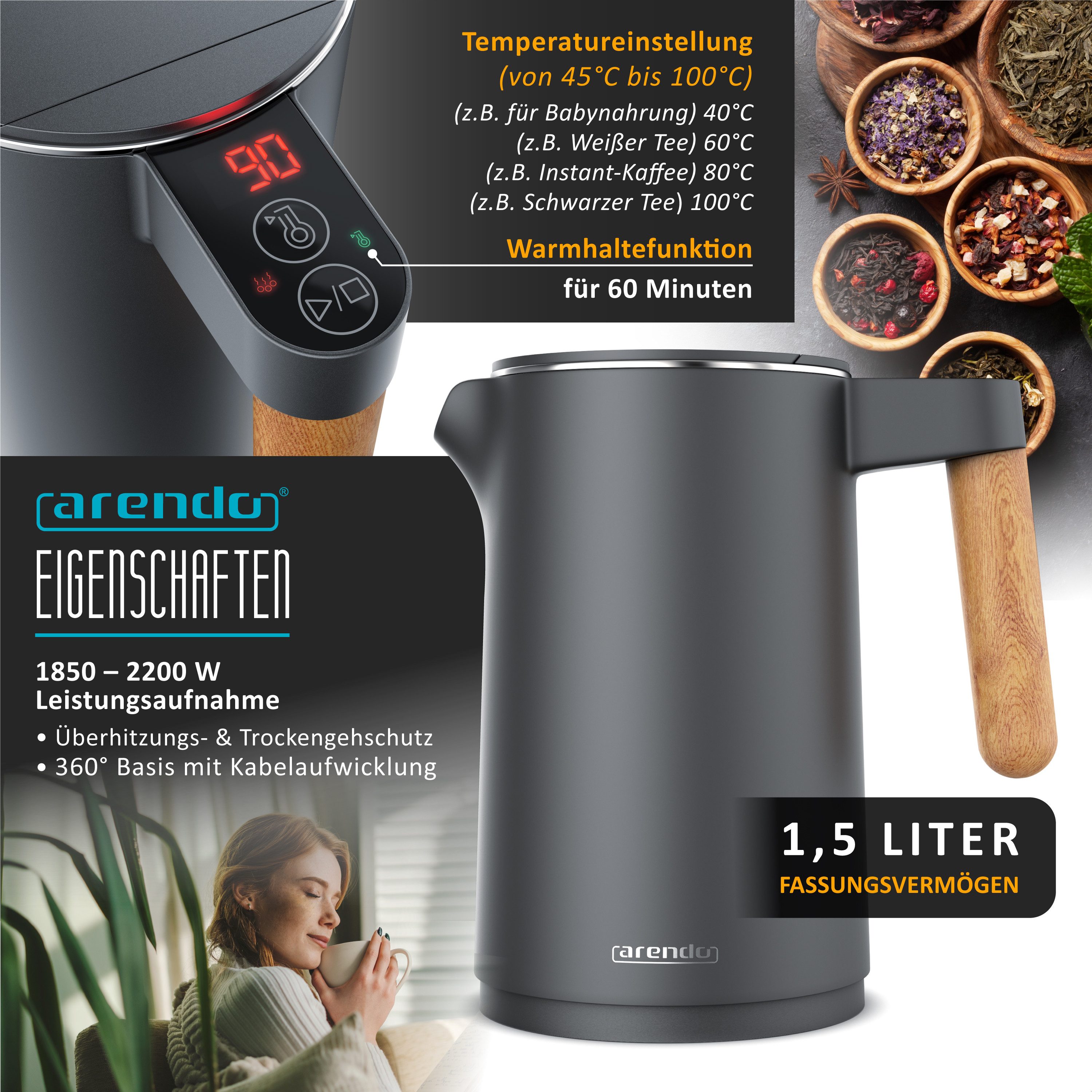 Arendo Frühstücks-Set Edelstahl Wasserkocher 1,5l, 2-Scheiben Kurzschlitz Toaster, Cool Grey (2-tlg), Wasserkocher mit Temperatureinstellung, Toaster Brötchenaufsatz, Touch